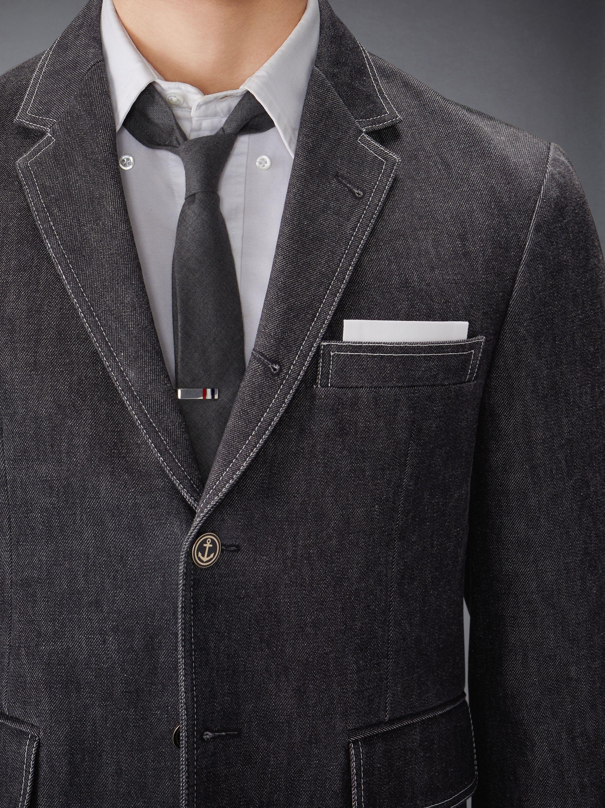 Washed Denim Contrast Topstitching Unconstructed Classic Sport Coat - 9