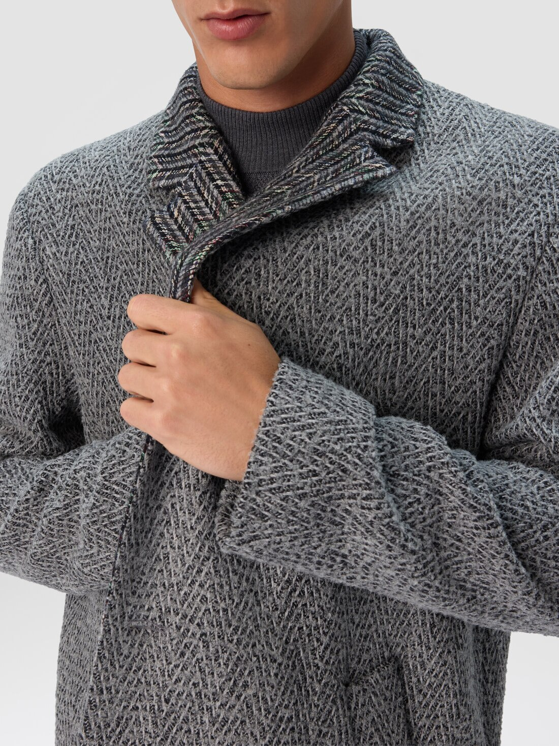 Wool Cloth Coat with Chevron Pattern - 5