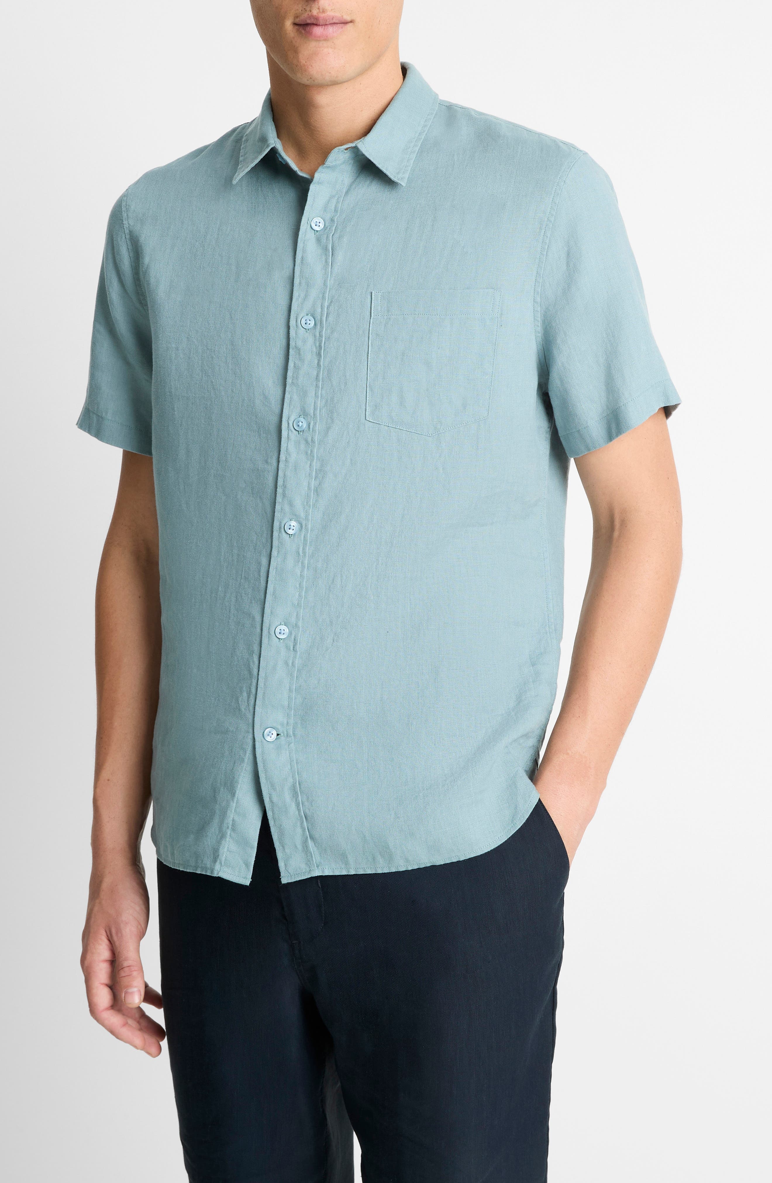 Vince Classic Fit Short Sleeve Linen Shirt in Lagoon at Nordstrom - 4