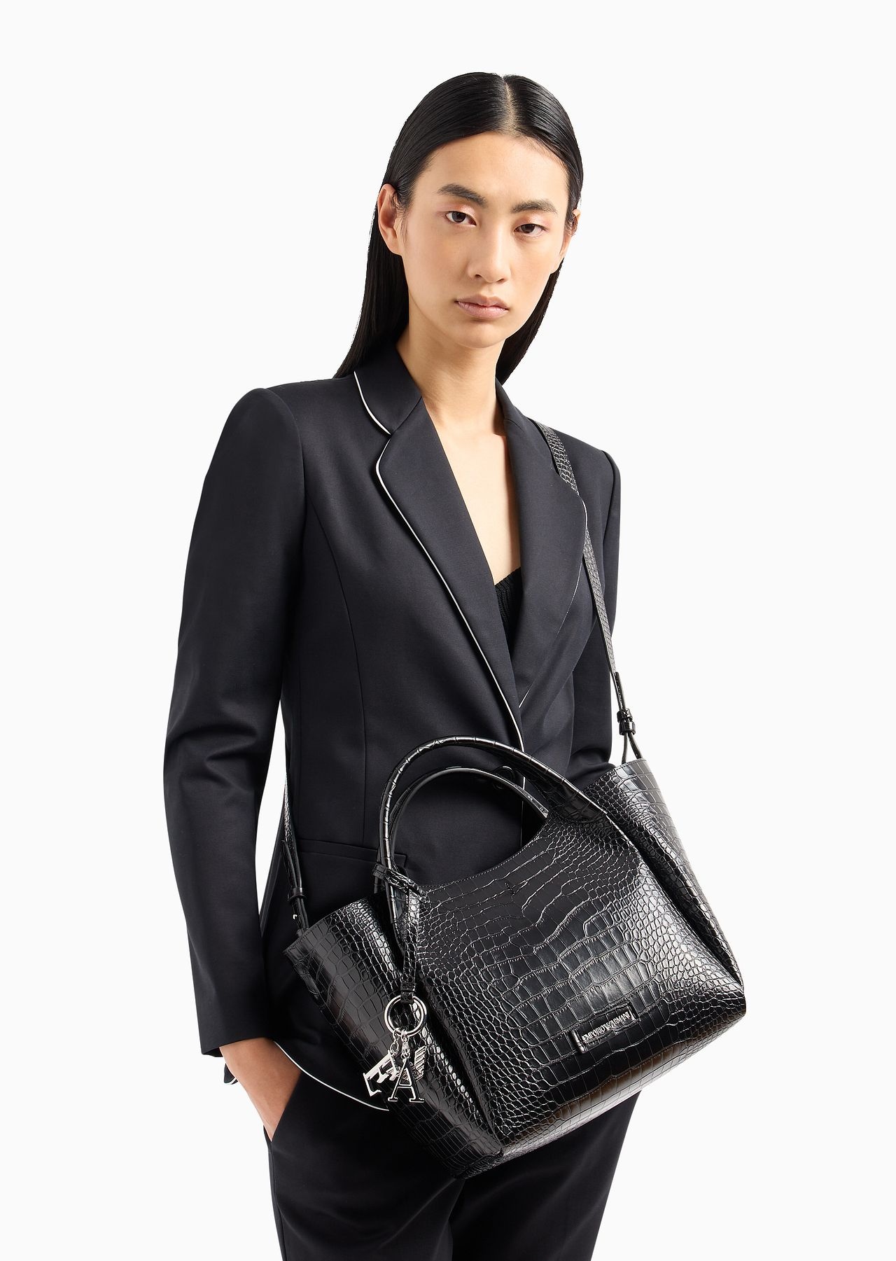 Shopper bag with mock-croc finish and logo charm - 8