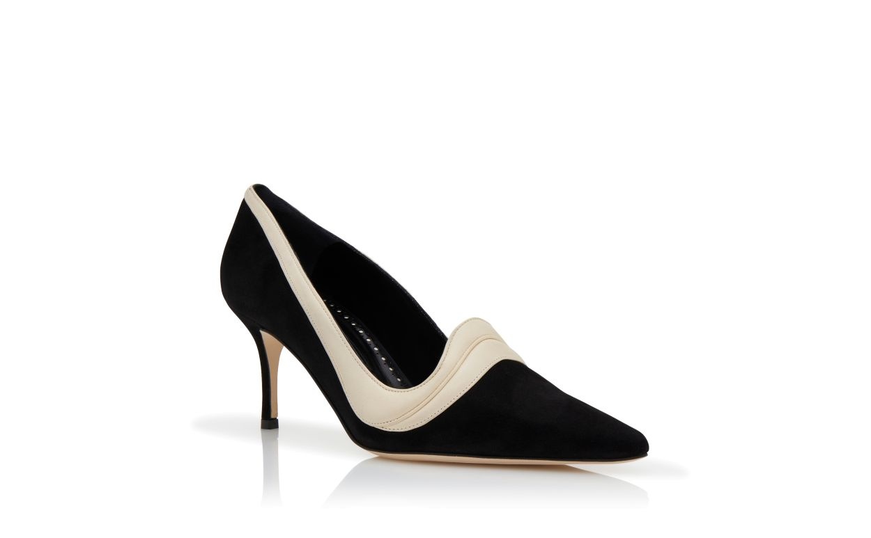 Black and Light Cream Suede Pointed Toe Pumps - 3
