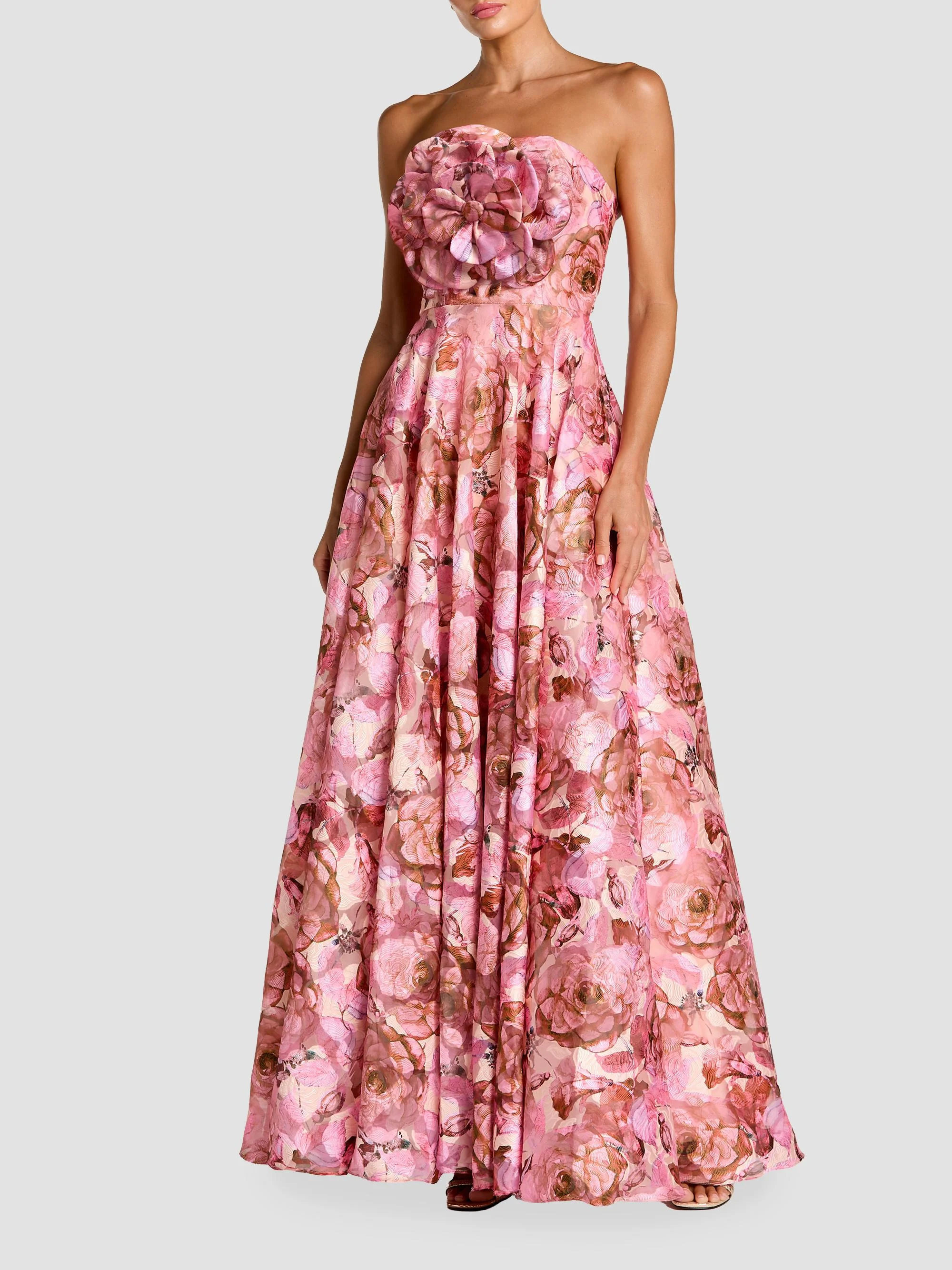 Women's Floral Organza Strapless Fit-&-Flare Gown - Rose Multi - 1