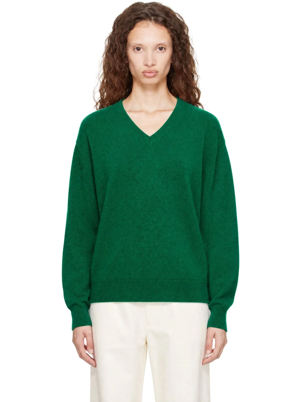 Green Pure Cashmere Knit V-Neck Sweater - 1