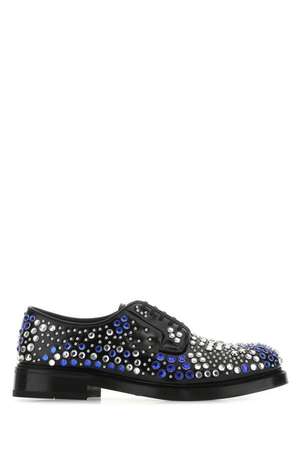 Prada Crystal-Embellished Leather Lace Ups Prada White Crystal Embellished Leather Lace Up Sneakers  main image 3