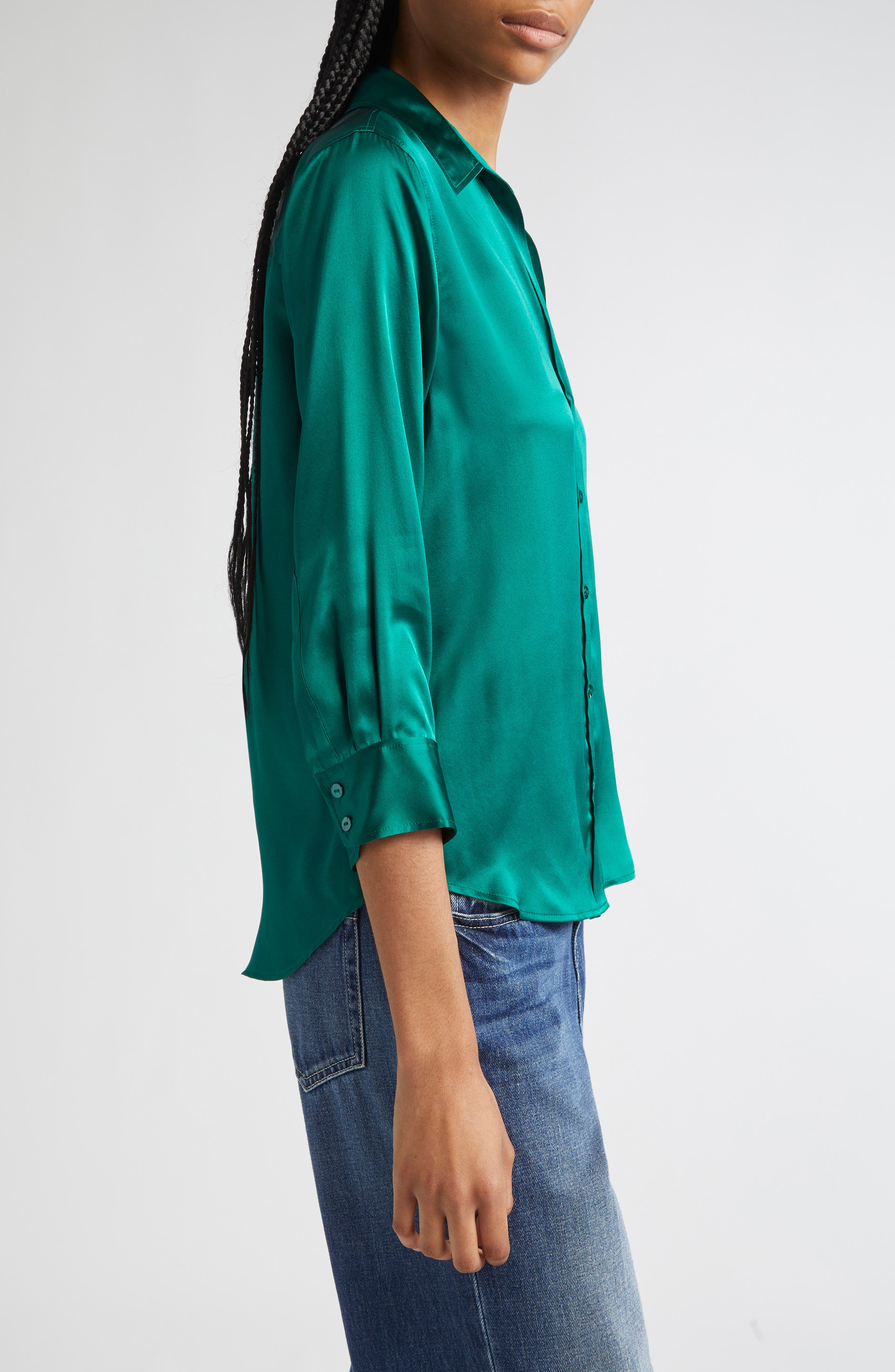 L'AGENCE Dani Silk Charmeuse Blouse in Bottle Green at Nordstrom - 3