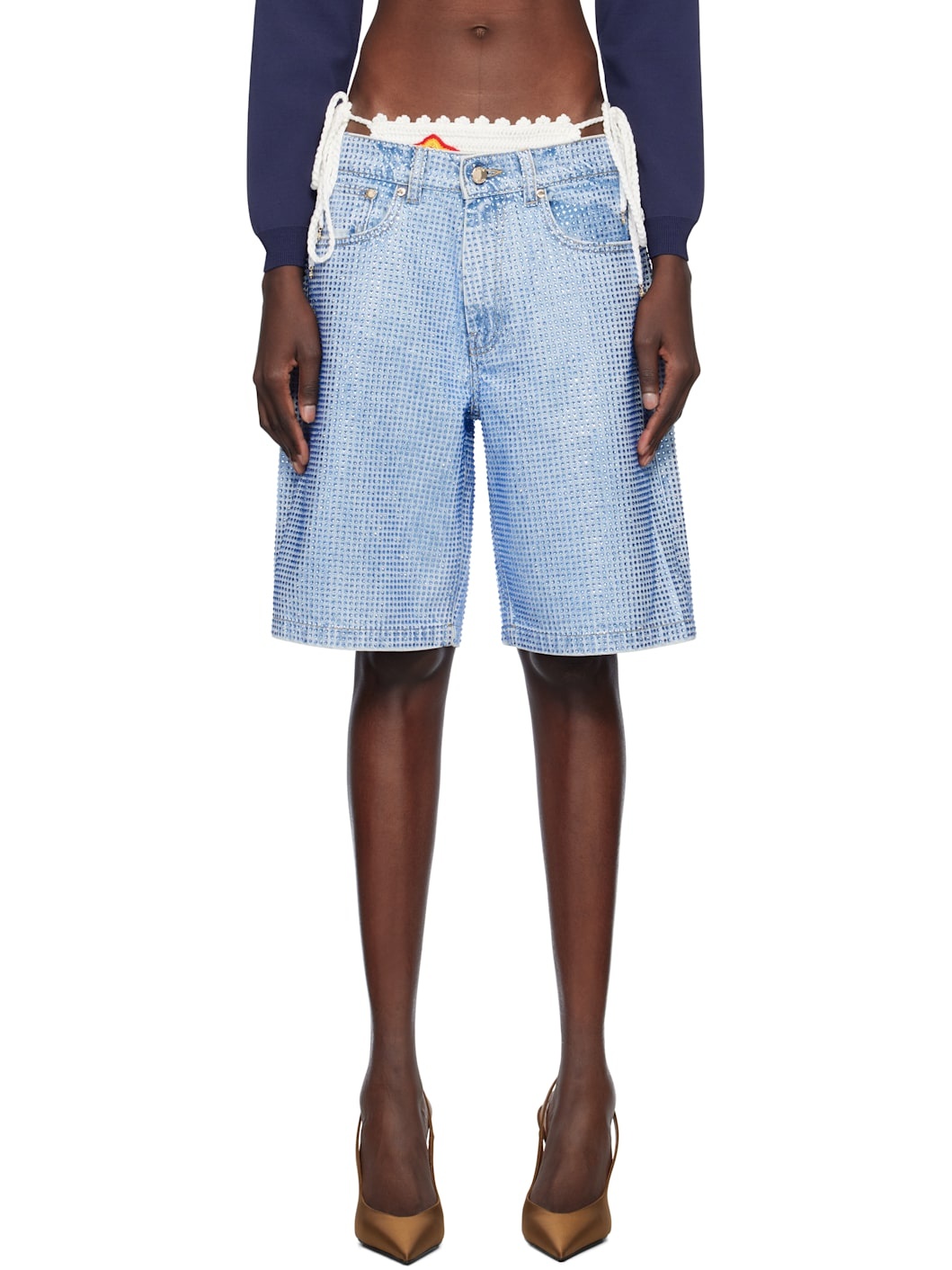 Blue Crystal Embellished Denim Shorts - 1