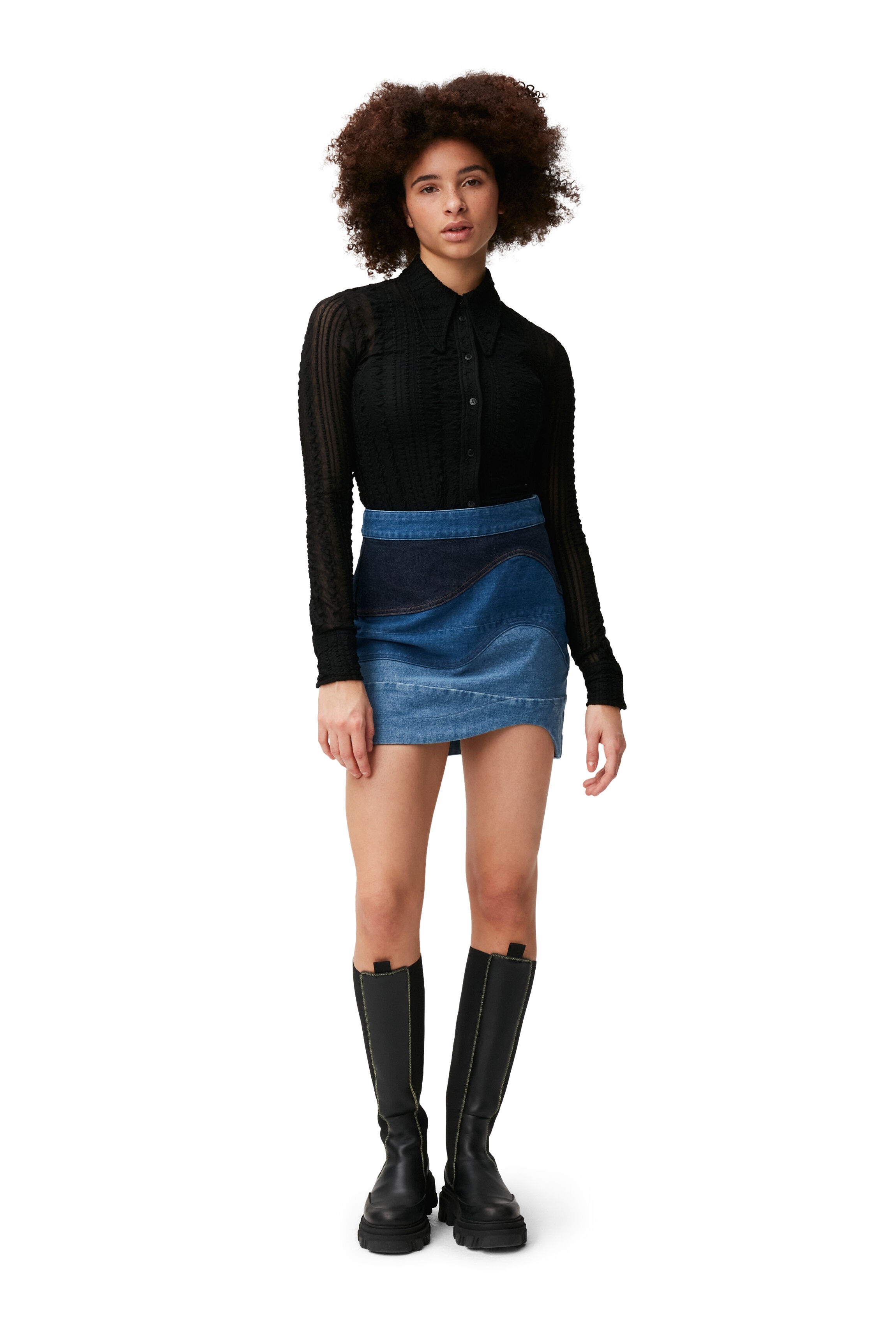 PATCHWORK STRETCH DENIM WAVY PATCHWORK MINI SKIRT - 2