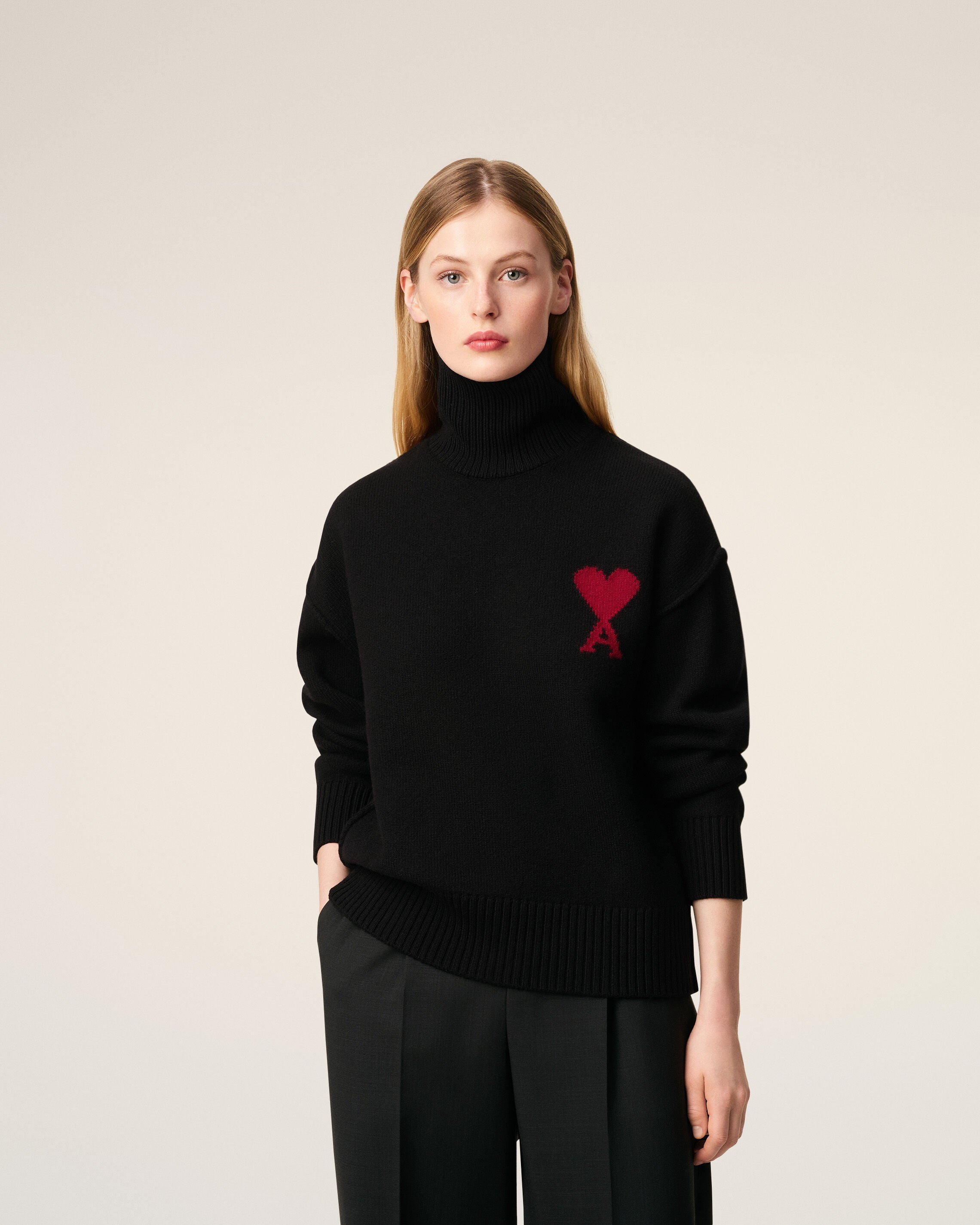 BLACK WOOL AMI DE COEUR FUNNEL NECK SWEATER - 3
