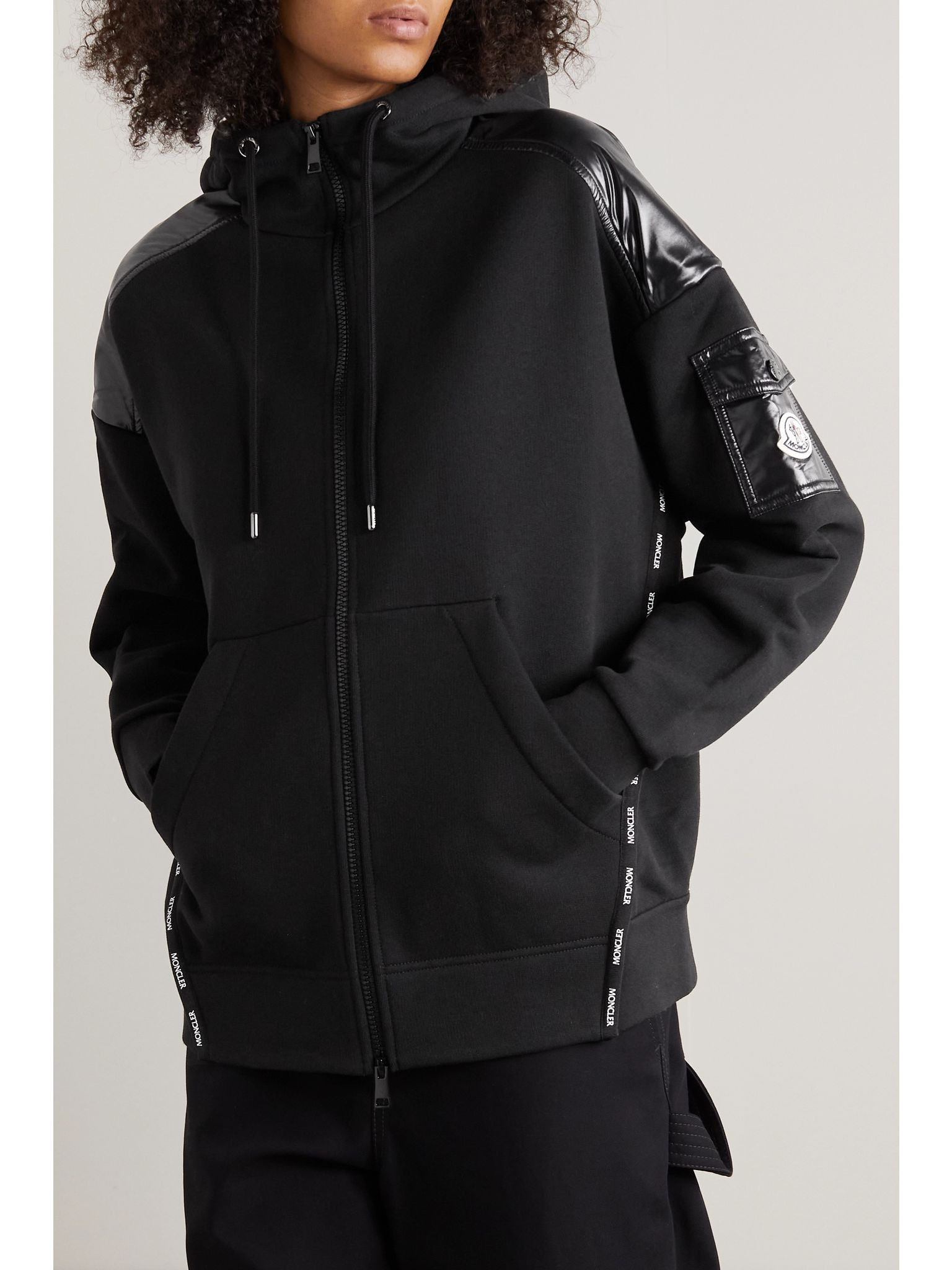 Glossed-shell trimmed cotton-jersey hoodie Black - 3