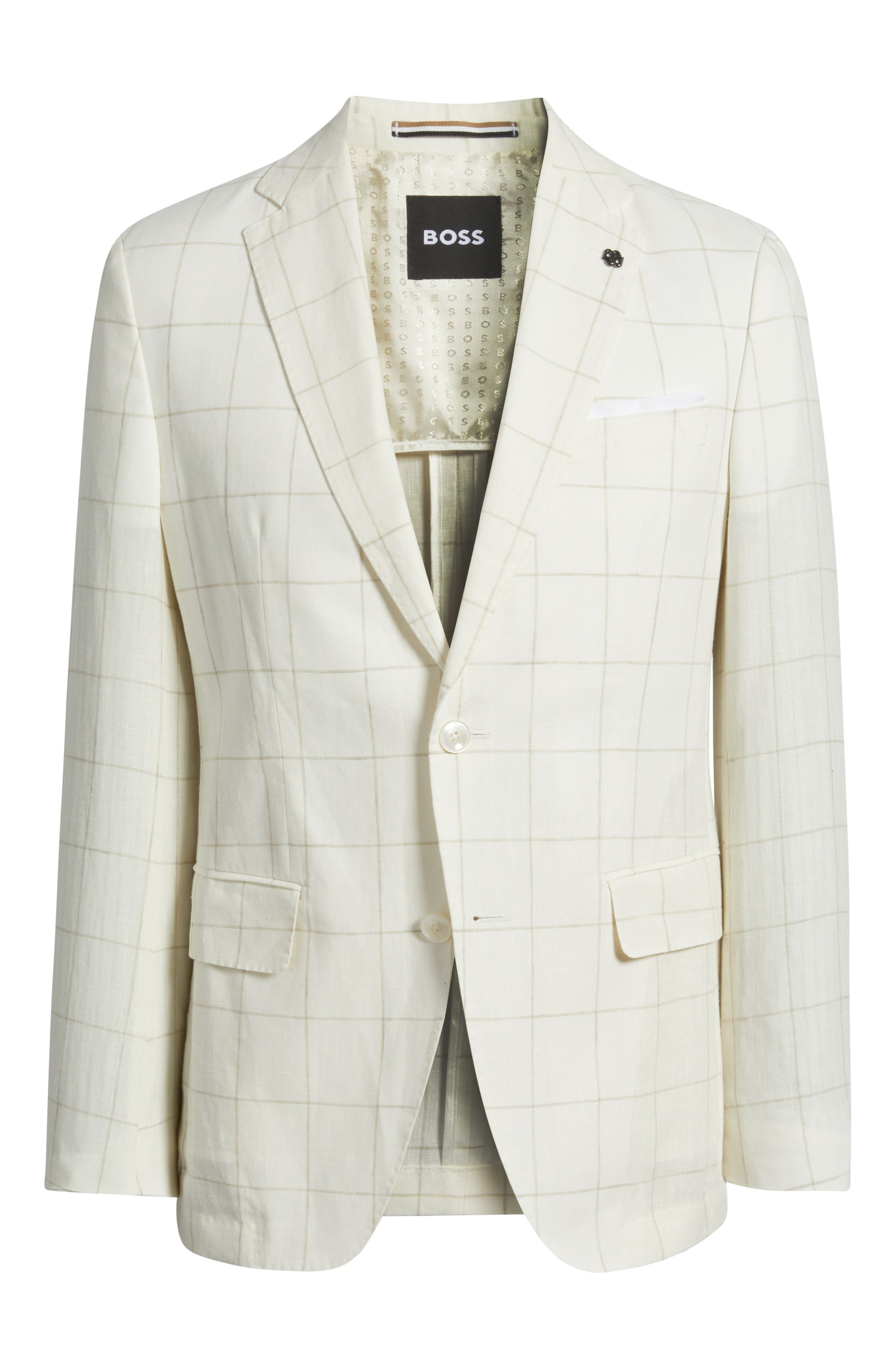 BOSS Hutson Slim Fit Windowpane Check Linen Blend Sport Coat in Open White at Nordstrom - 6