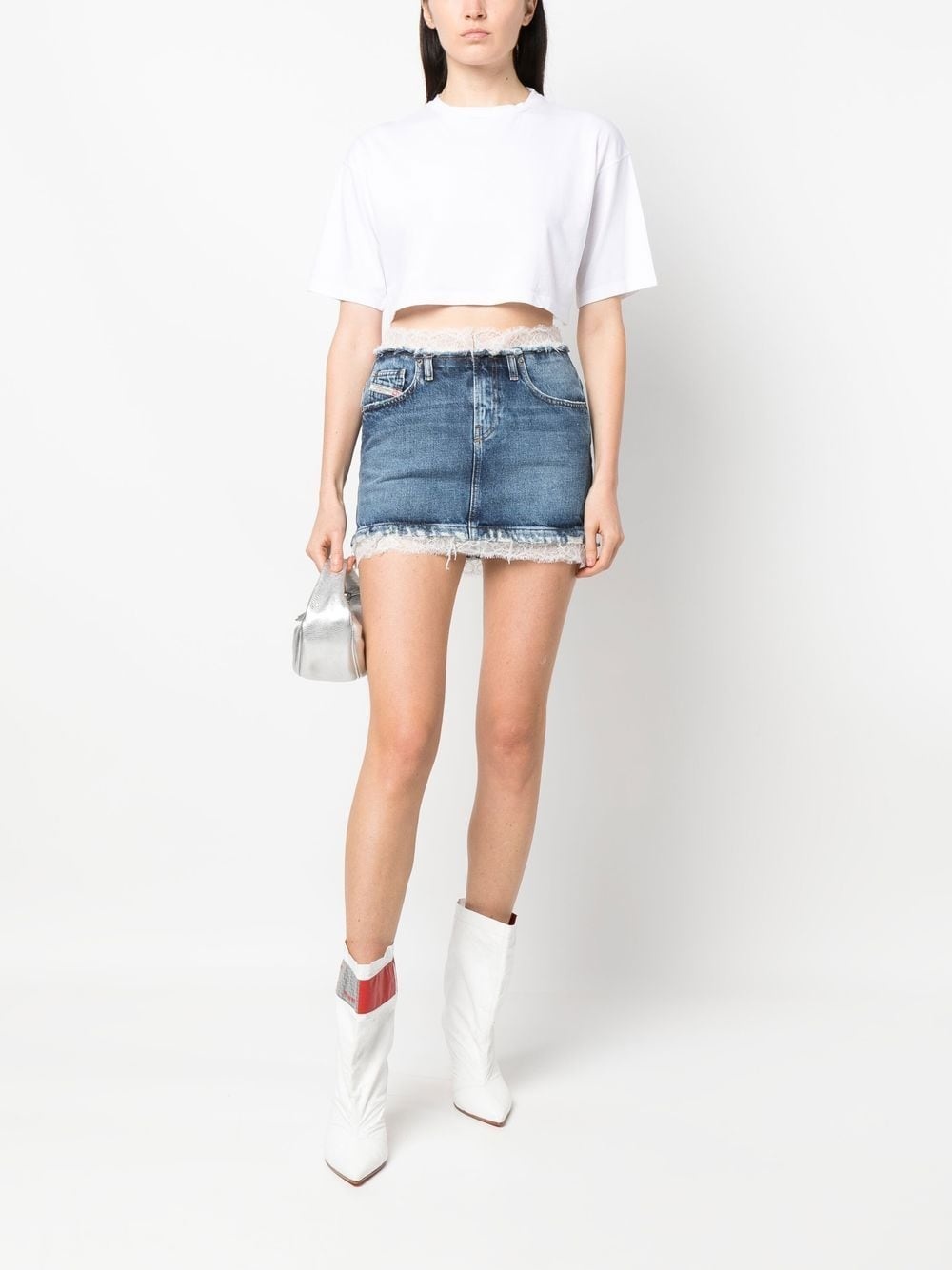 lace-trim distressed denim mini skirt - 2