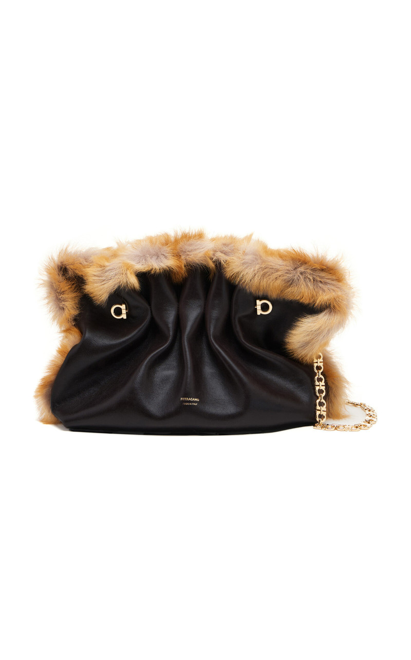 Soft Medium Shearling-Trimmed Leather Shoulder Bag black 7