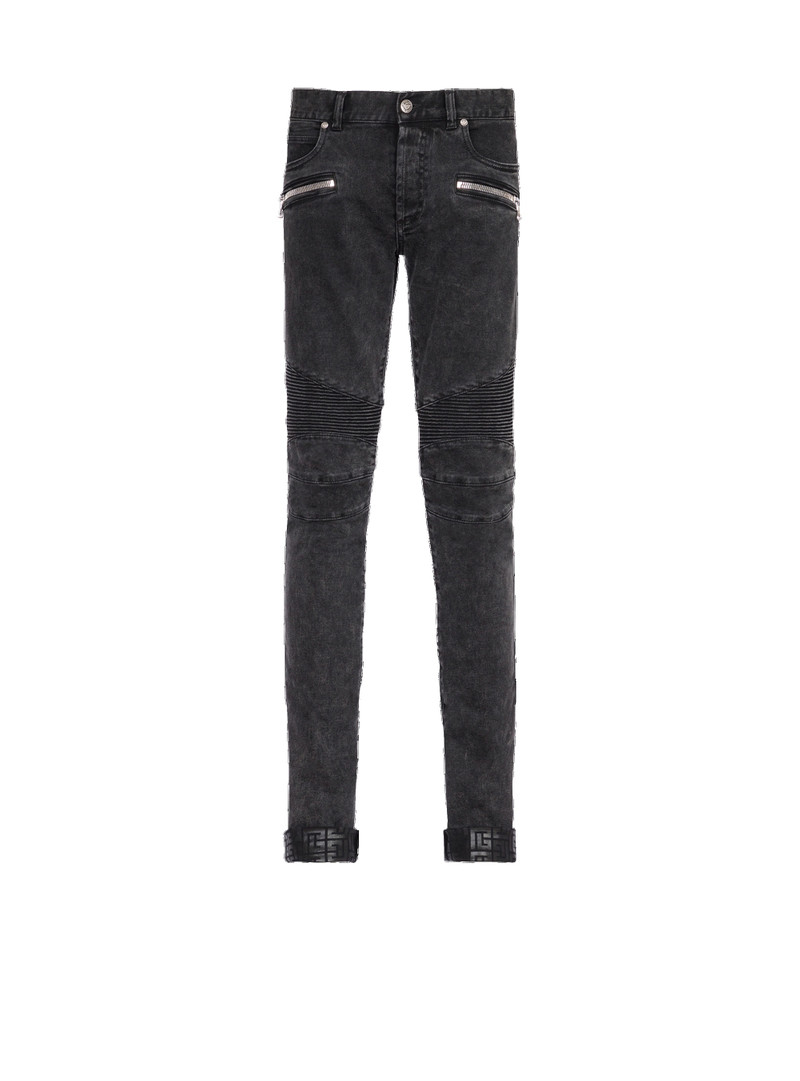 Slim cut ridged cotton jeans with Balmain monogram on hem - 1