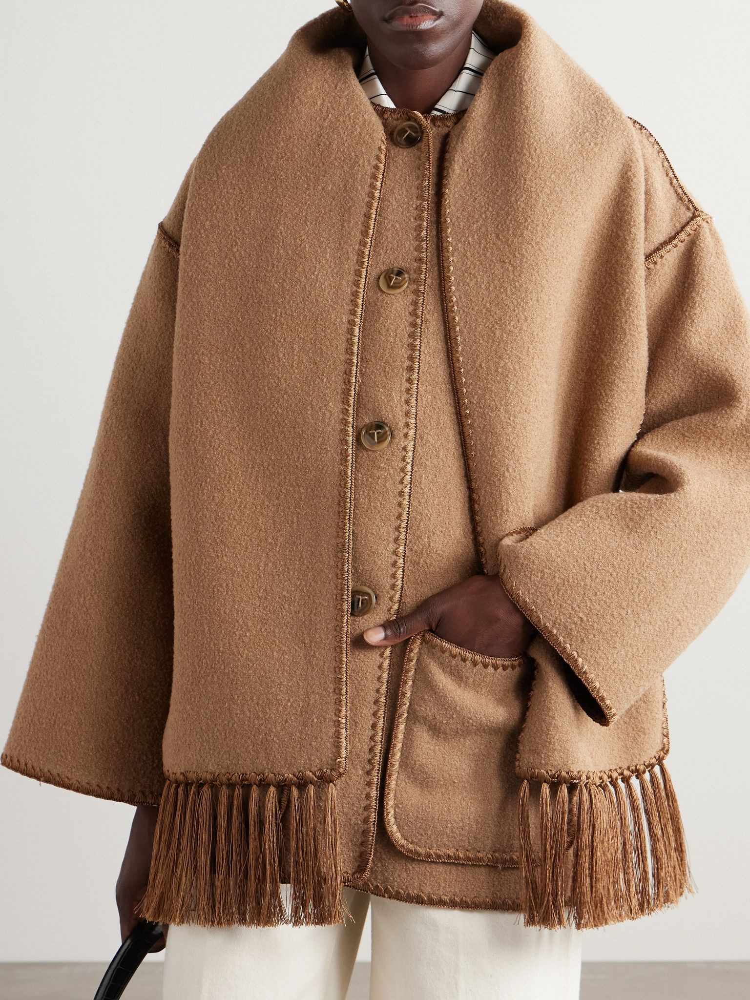 Draped fringed wool-blend bouclé jacket Camel - 3