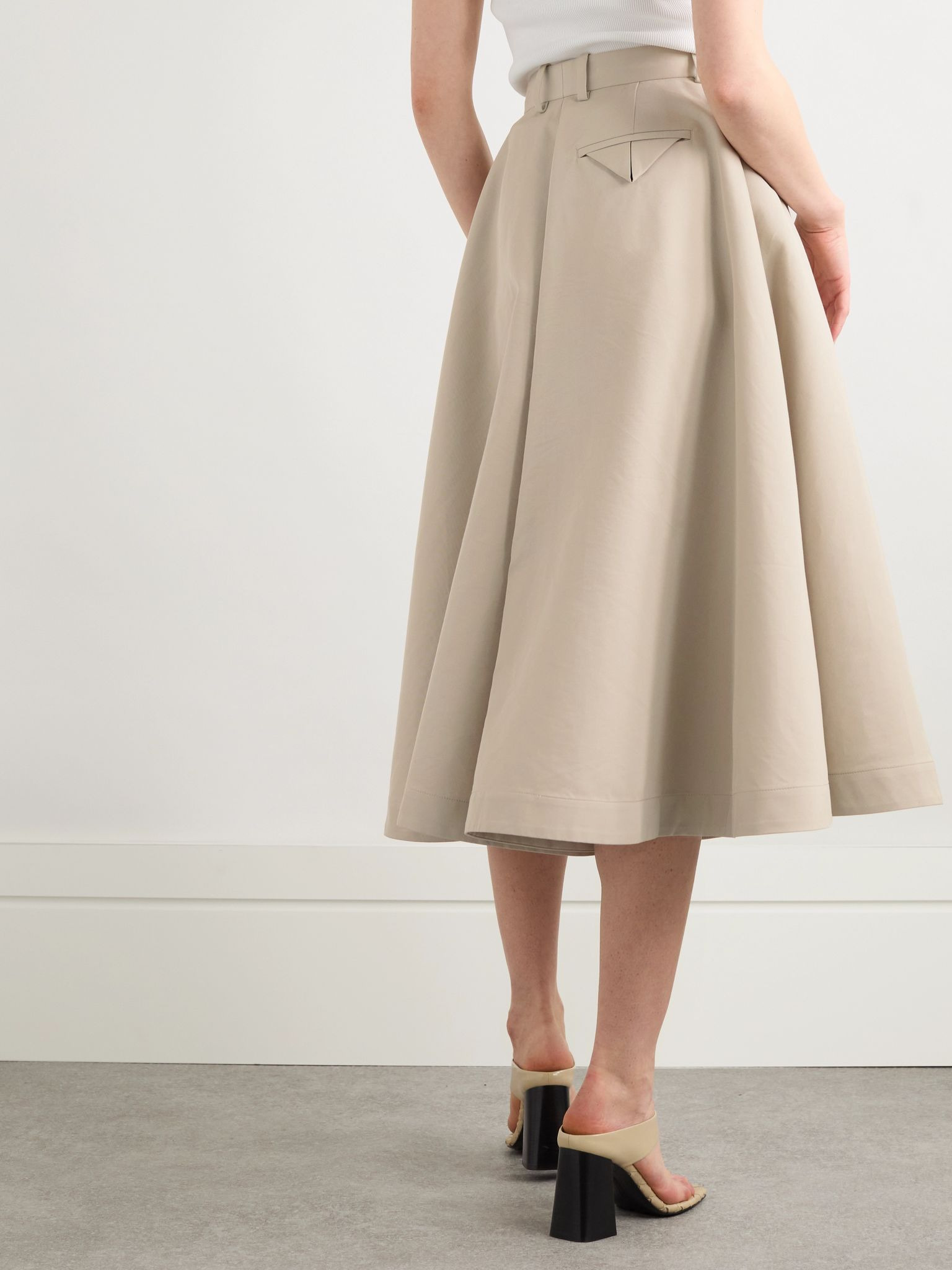 Cotton and silk-blend twill midi skirt Beige - 4