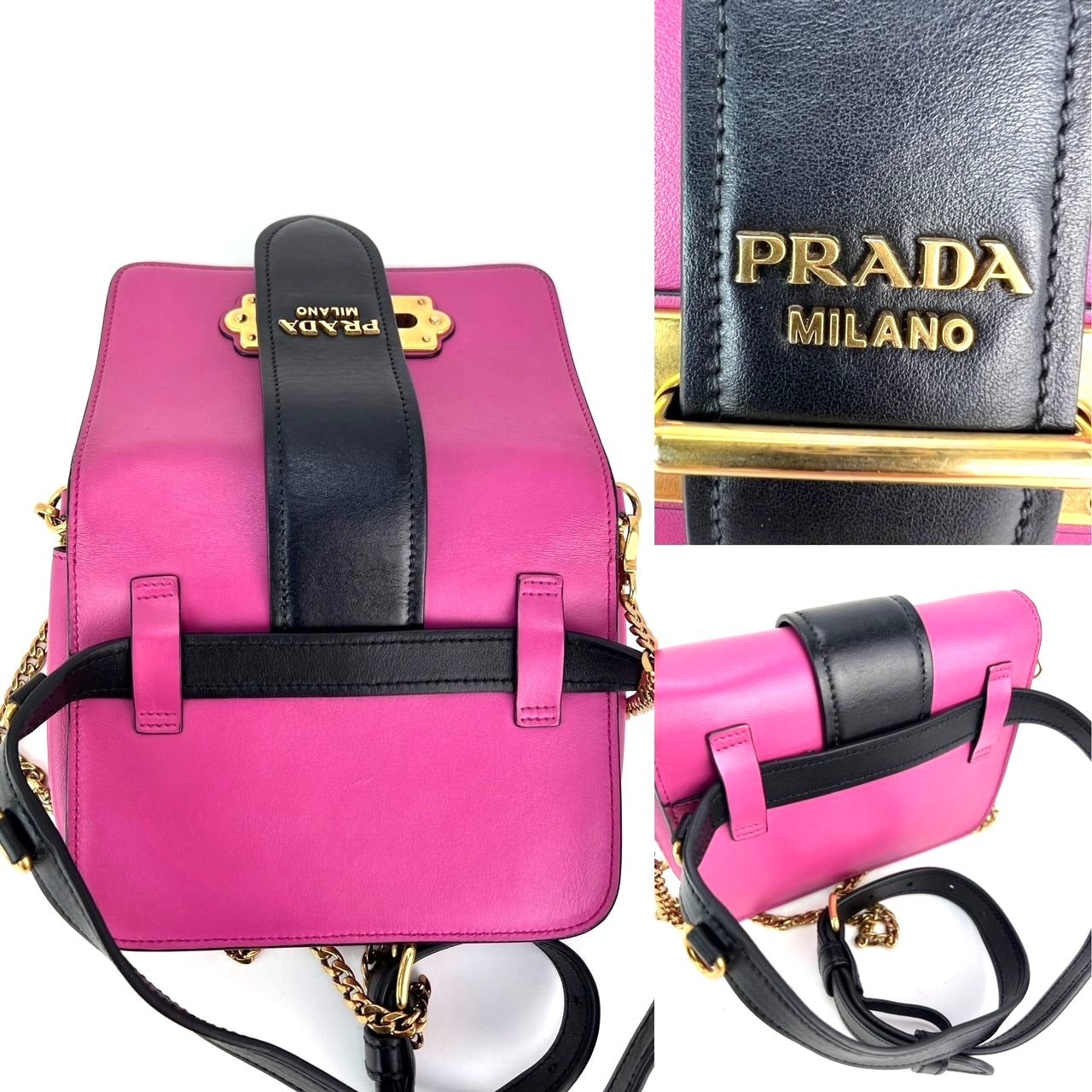 Prada City Calf Cahier Pink Black Leather Crossbody Belt Bag - 6