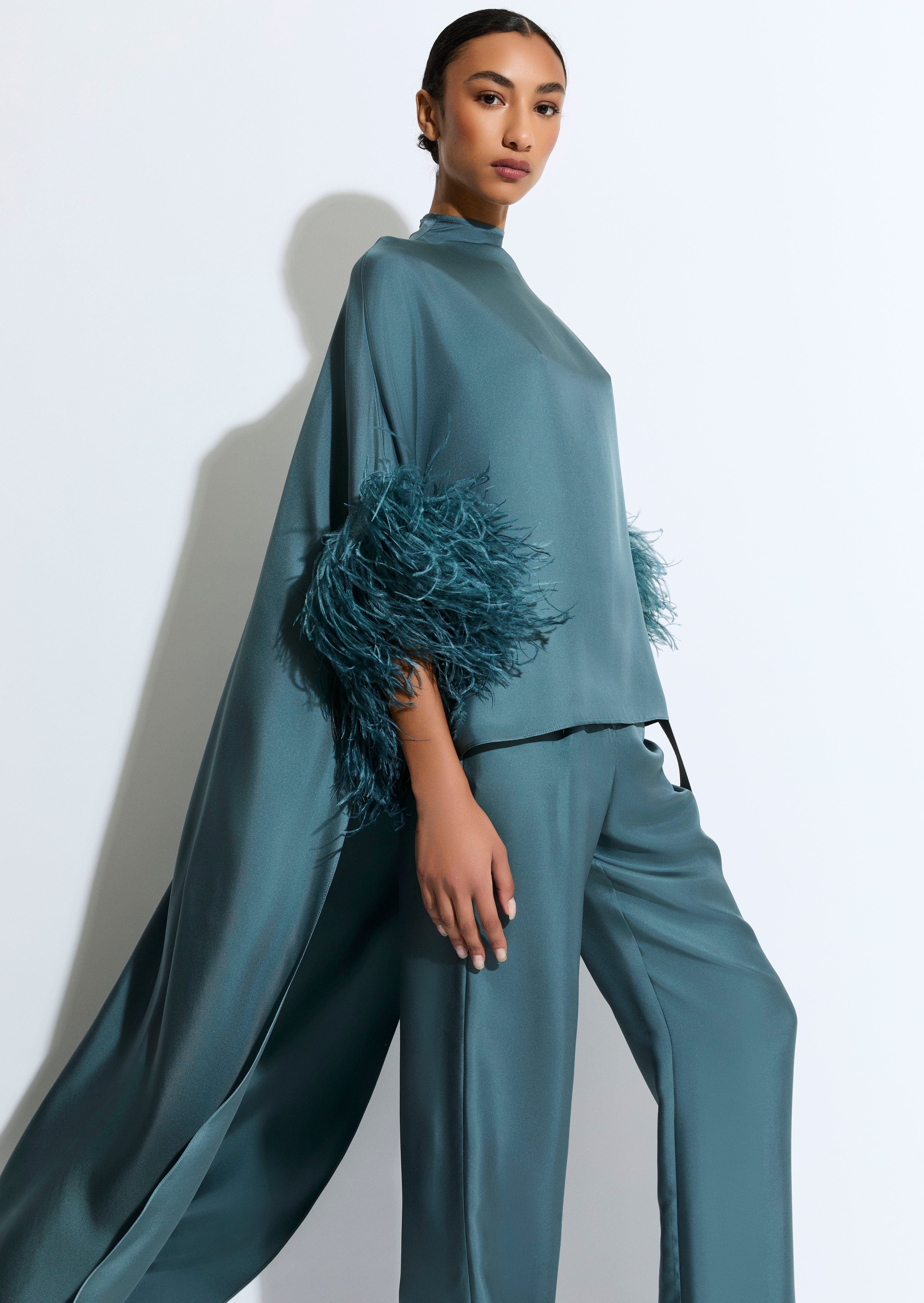 Silky Twill High Low Mock Neck Top With Feathers - 4