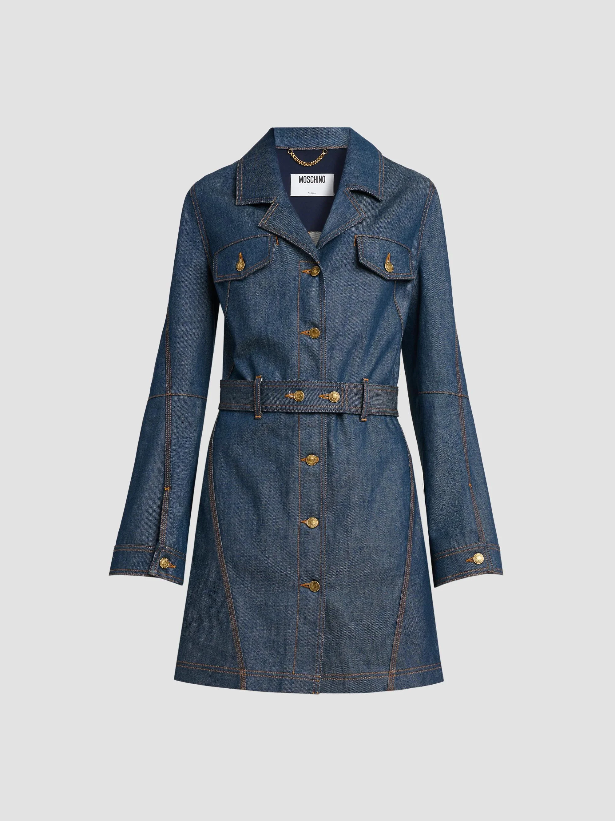 Women's Denim Belted Trench Coat - Dark Blue - 1