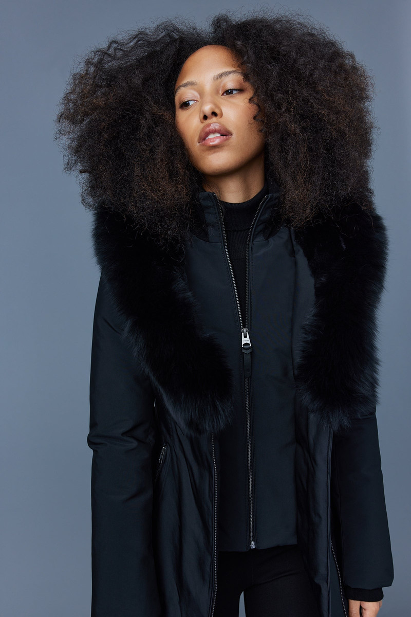 AKIVA down coat with blue fox fur trimmed hood 5