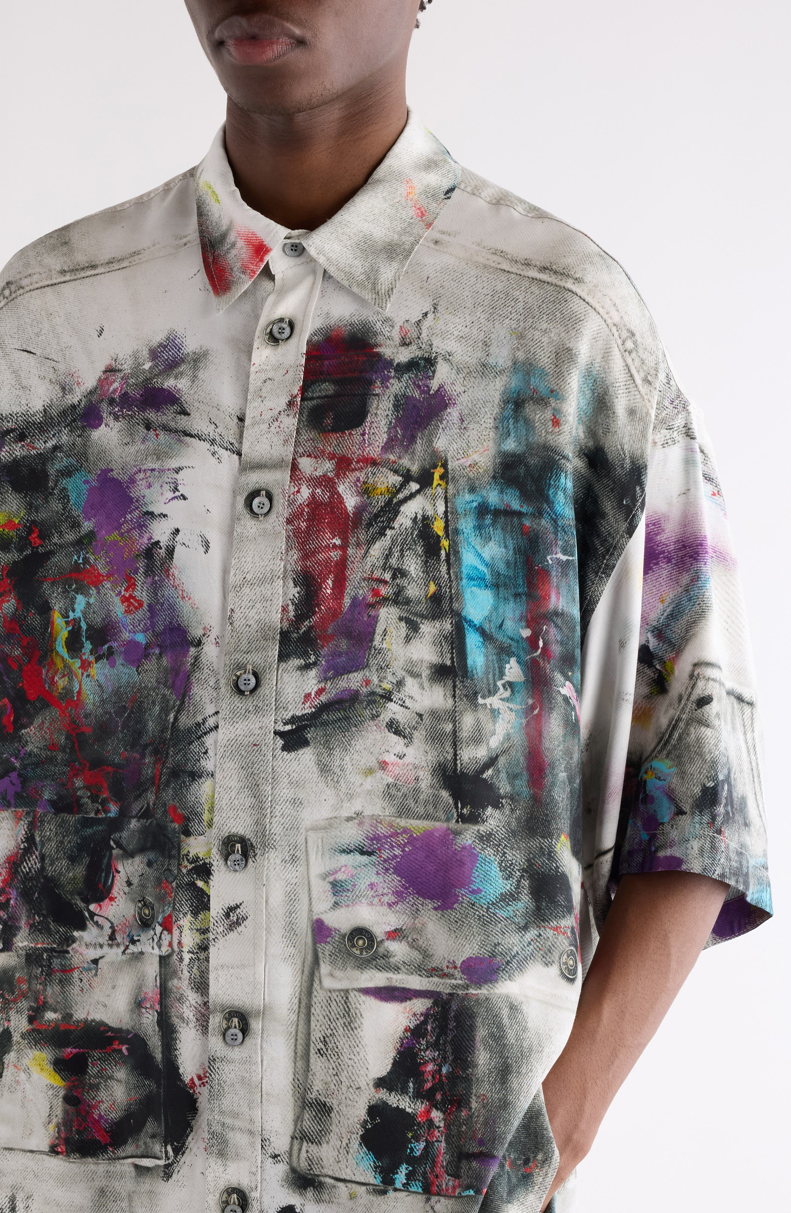 Acne Studios Setar Paint Print Button-Up Shirt in White Multicolor at Nordstrom - 5