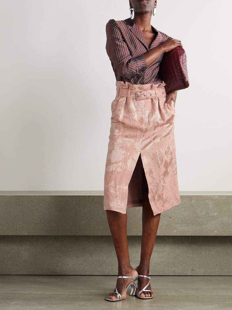 Dries Van Noten Belted Pleated Linen-blend Jacquard Skirt outlook