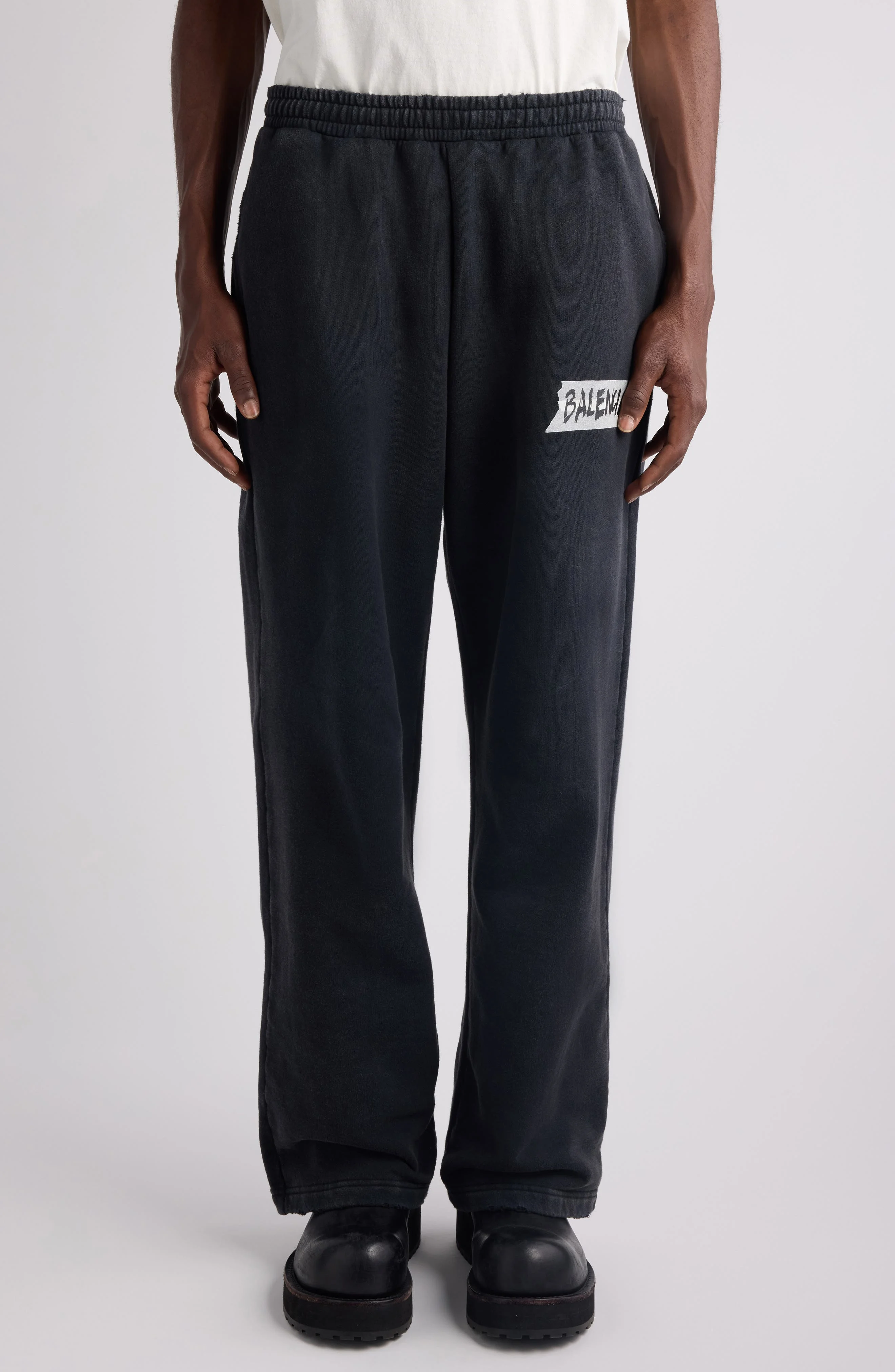 Balenciaga Masking Tape Logo Heavy Fleece Sweatpants in 1041 Faded Washed Black at Nordstrom - 1