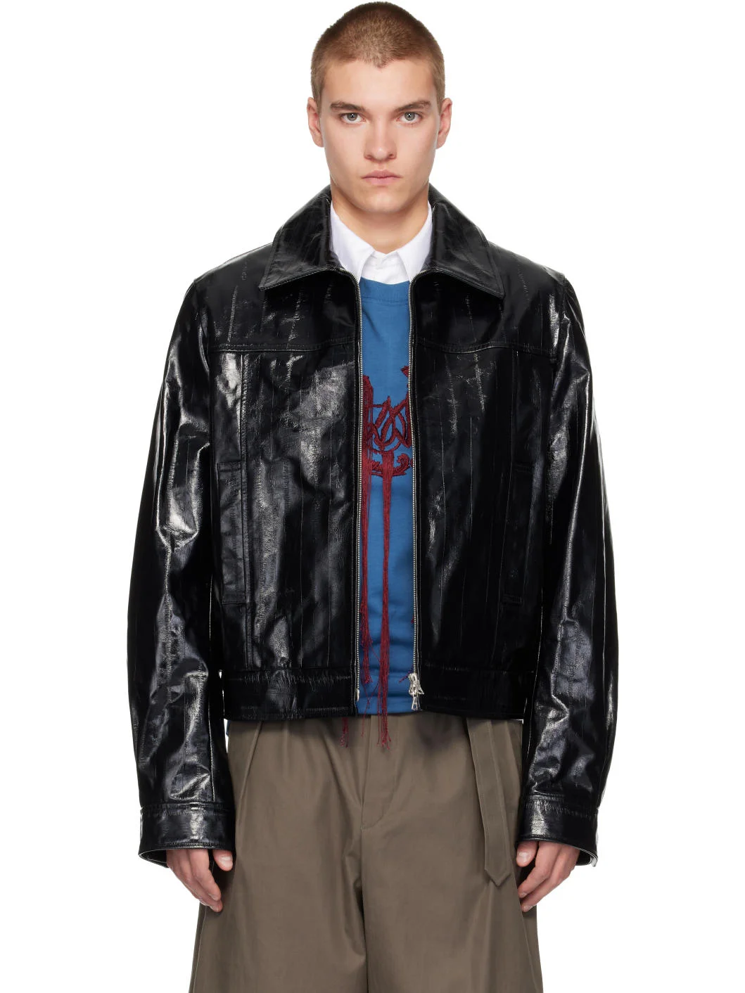 Black Polished Leather Jacket - 1
