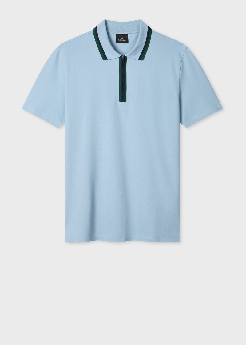 Pale Blue Contrast Tipping Zip Polo Shirt 1