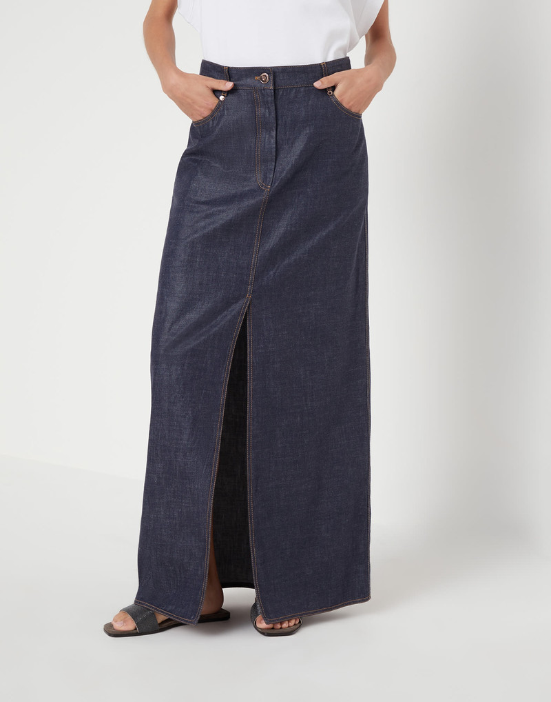 Lightweight wet-effect denim long five-pocket skirt with shiny tab 1