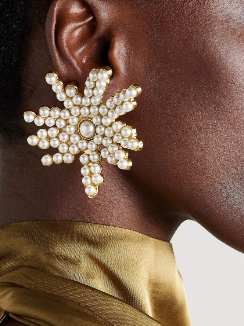 Oscar de la Renta Flower Faux Pearl-embellished Gold-tone Clip Earrings outlook