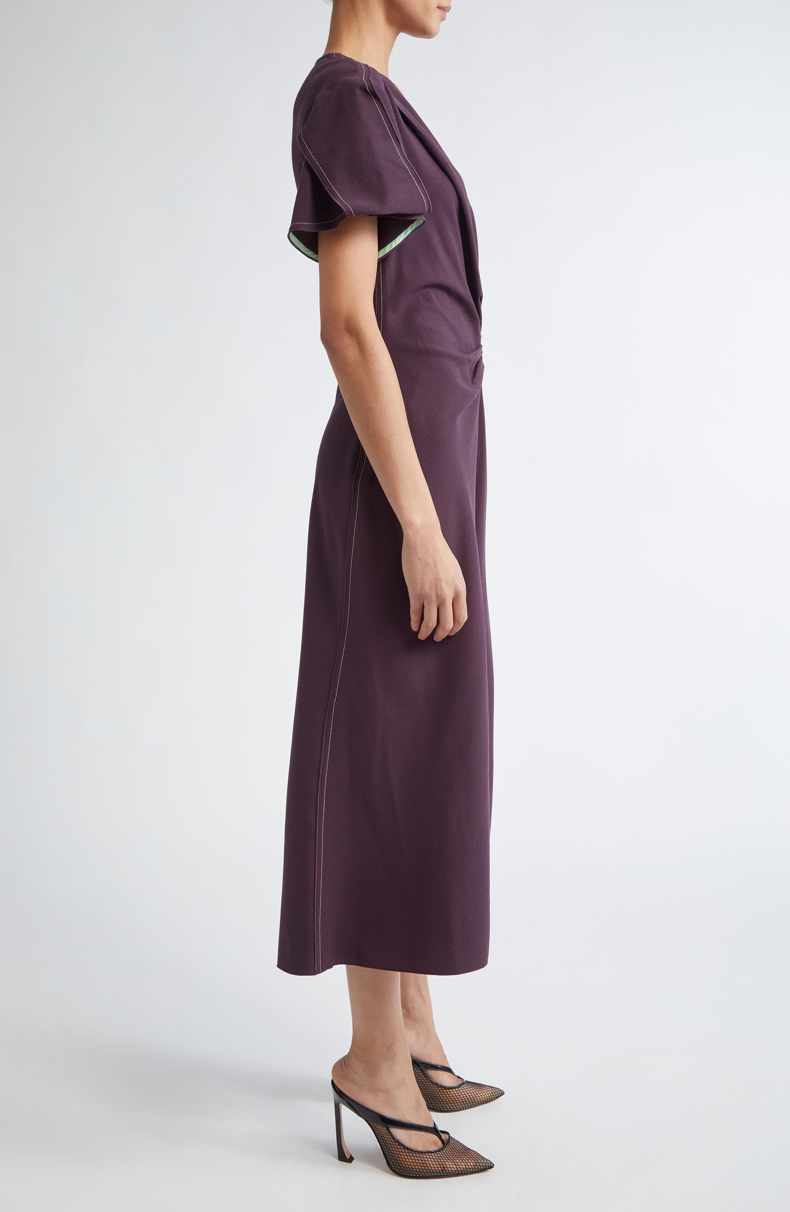 Victoria Beckham Gathered Wool Blend Crepe Midi Dress in Fig at Nordstrom - 3