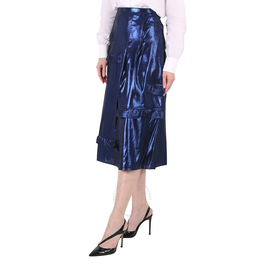 Burberry Bright Navy Ruffle Detail Lame Skirt - 5