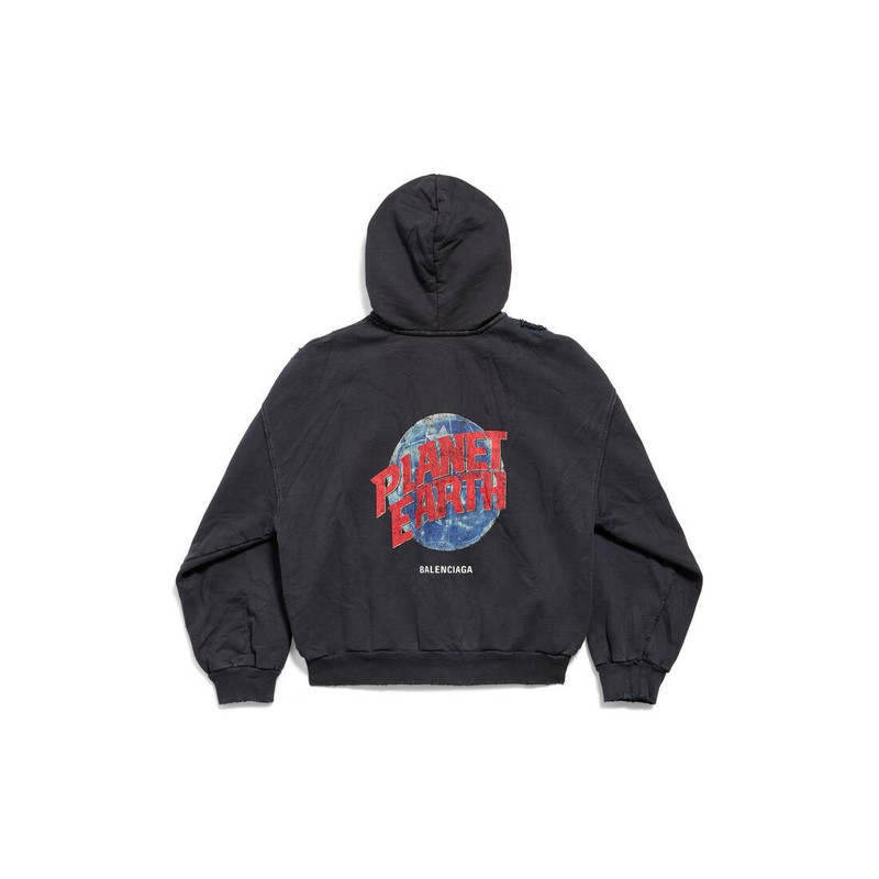 BALENCIAGA Men's Planet Earth Zip-up Hoodie Regular Fit in Black Faded outlook