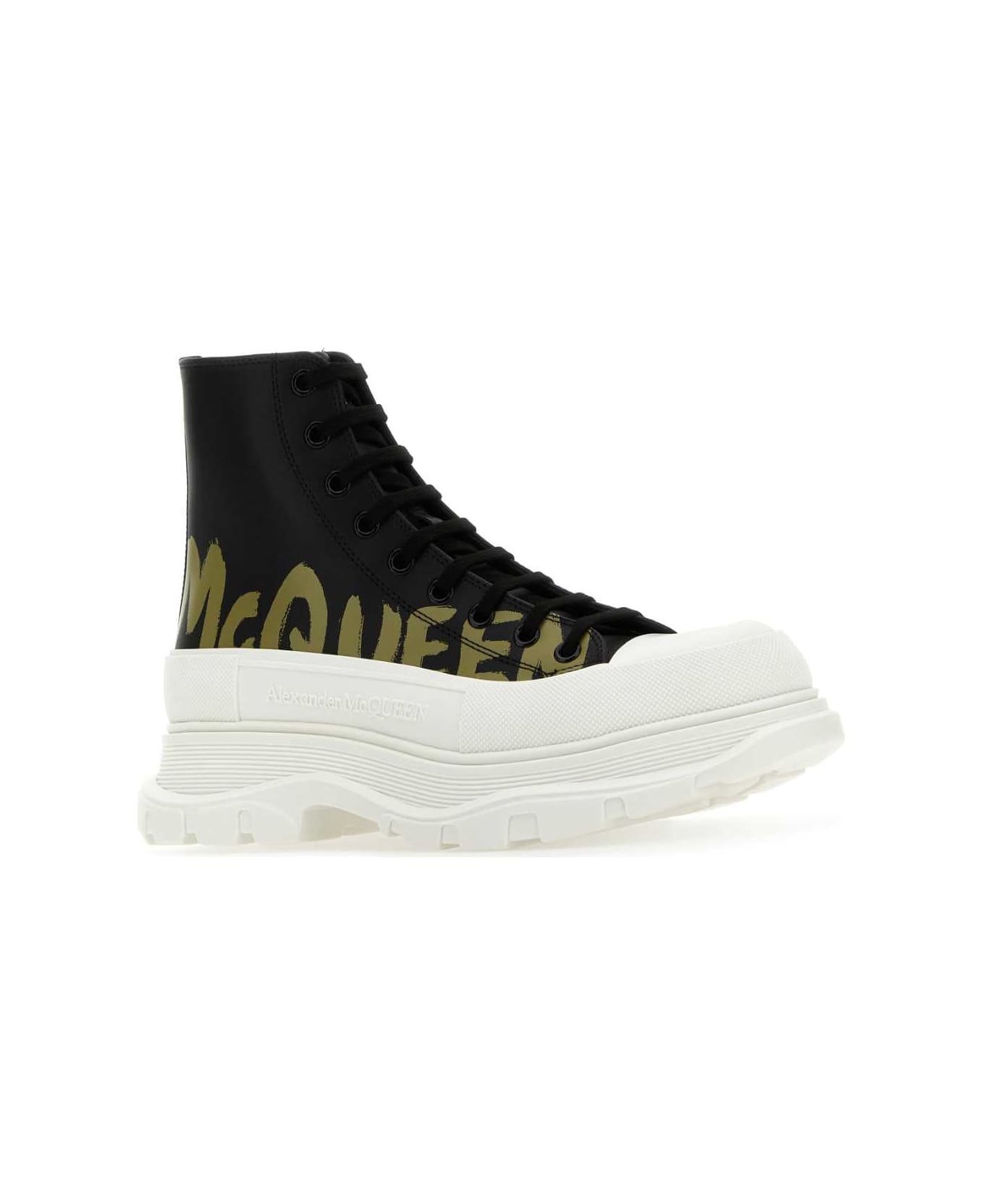 Black Leather Tread Slick Sneakers - 2