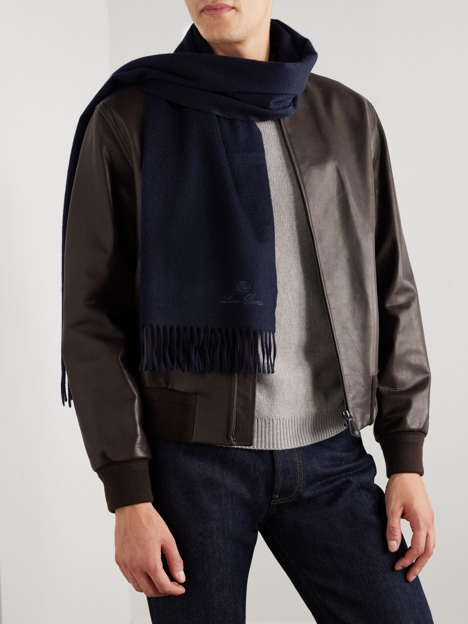 Logo-Embroidered Fringed Cashmere Scarf Blue - 2