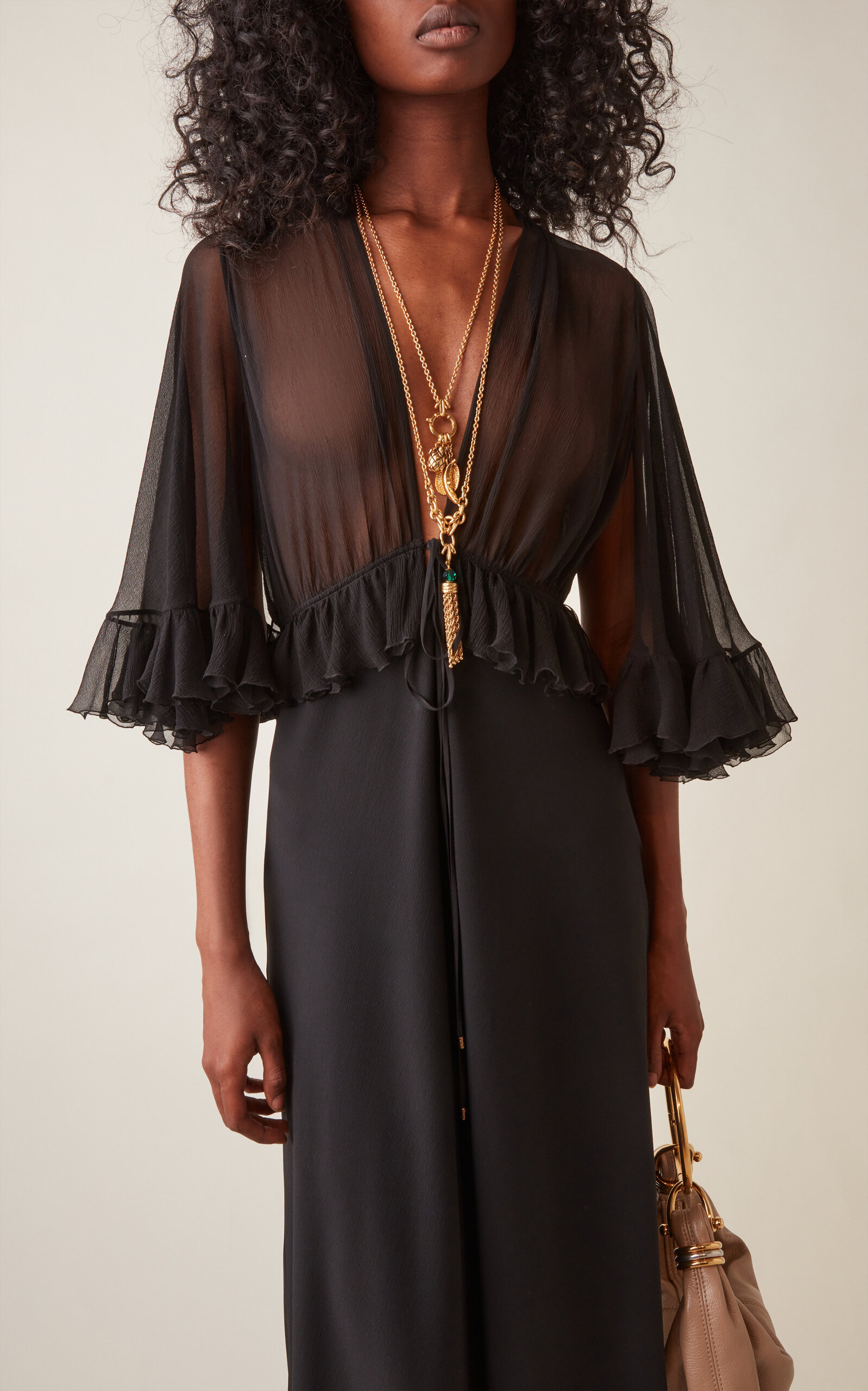 Ruffled Silk Crepe Maxi Dress black - 3