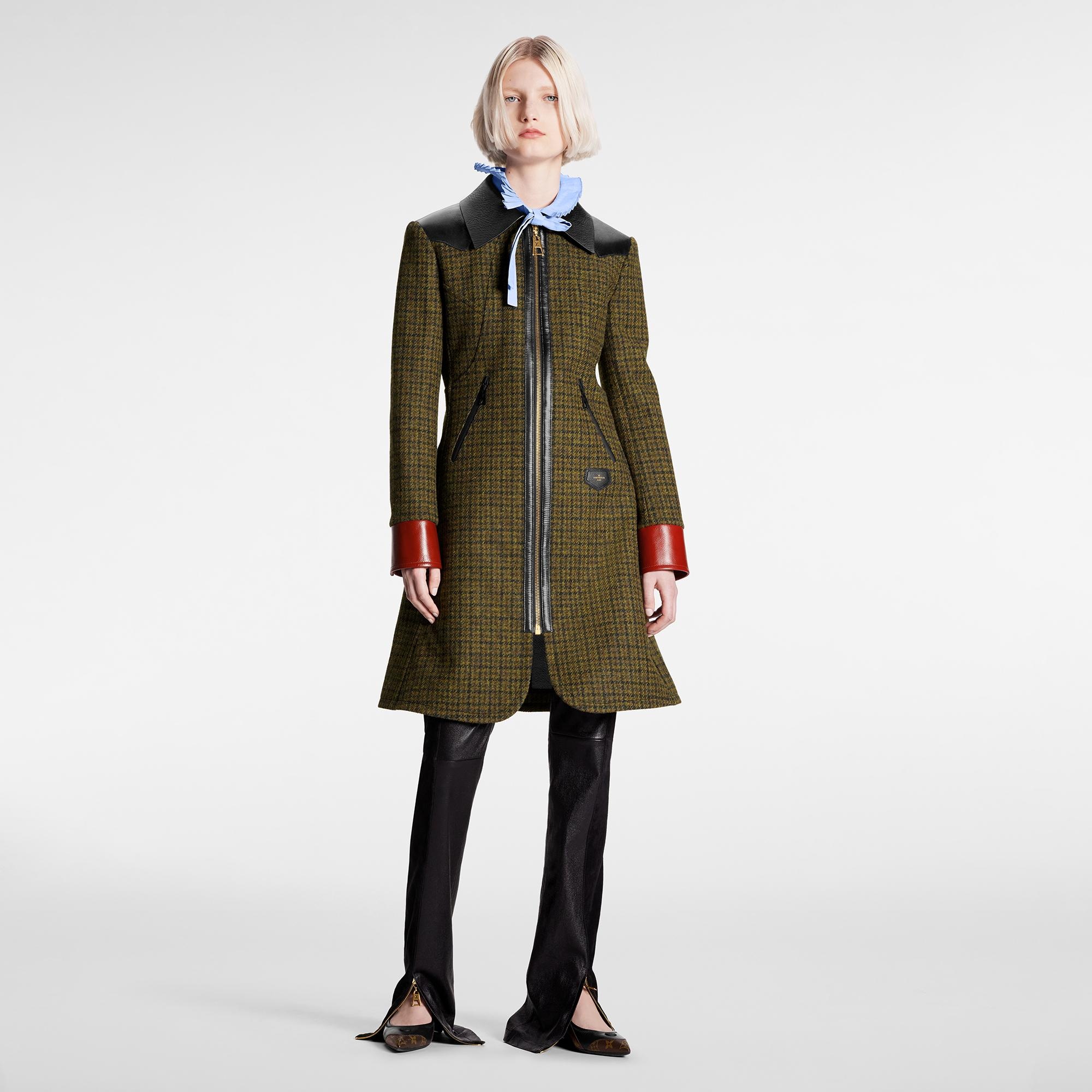 Leather Accent Houndstooth Coat - 2