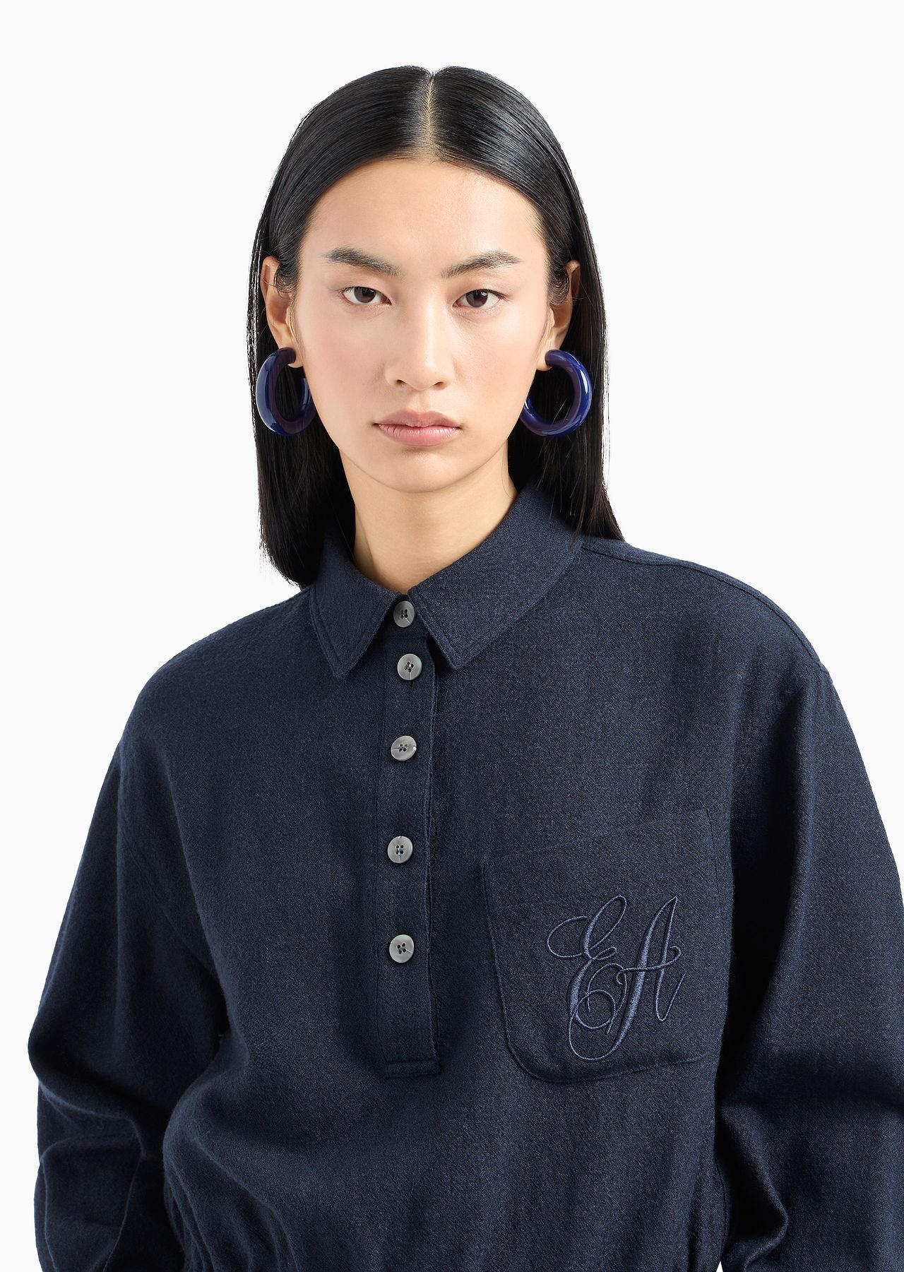 Washed wool crêpe shirt with a polo collar and EA signature embroidery - 5