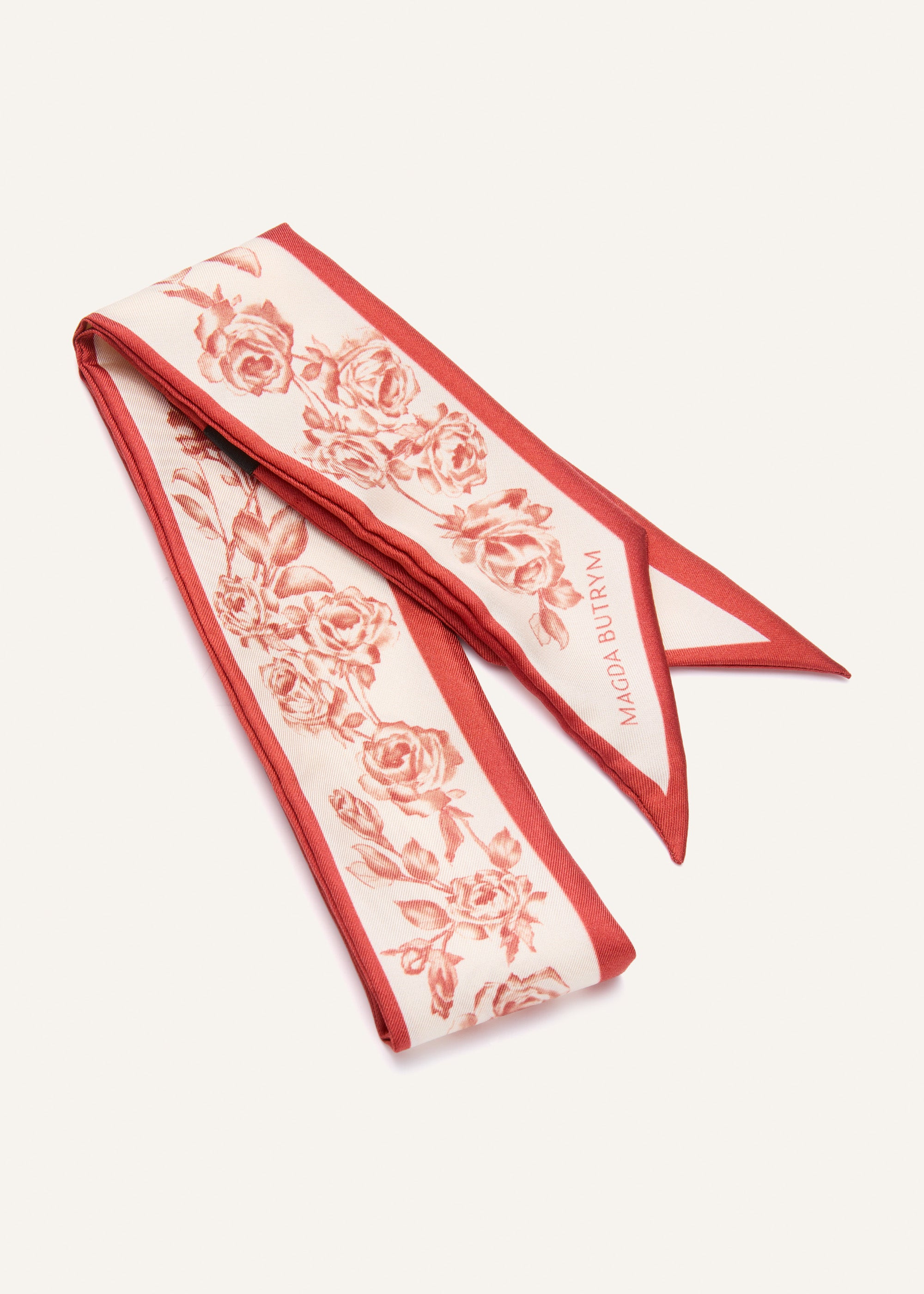 Floral-print silk twilly scarf in beige and red - 1