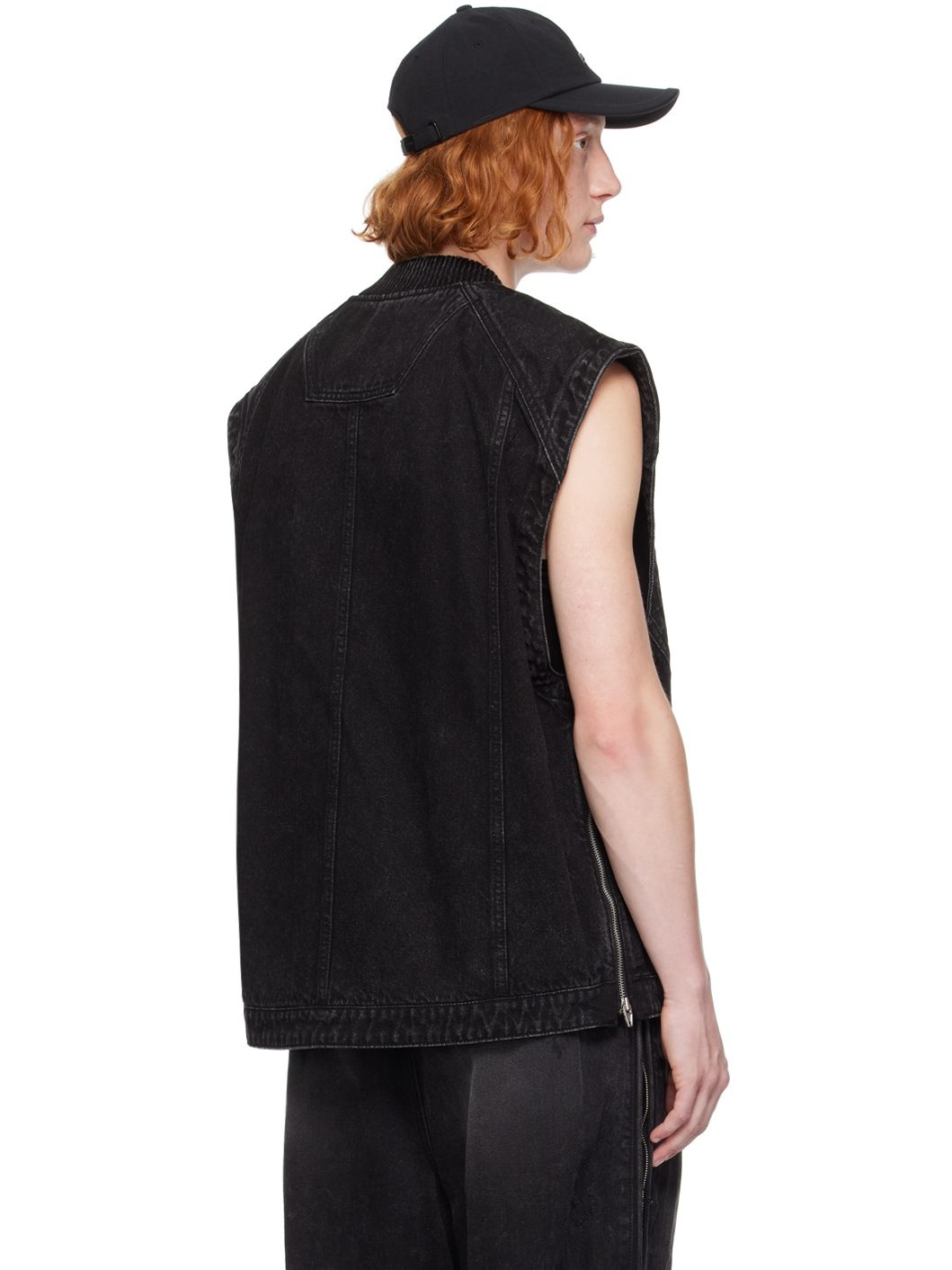 Black Oil-Washed Denim Vest - 3