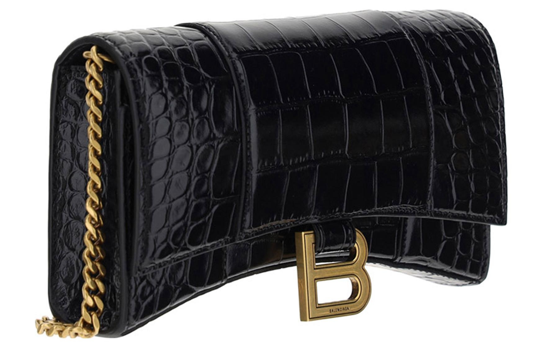 (WMNS) Balenciaga Hourglass Wallet On Chain Crocodile Embossed 'Black' 6560501LRGM1000 - 2