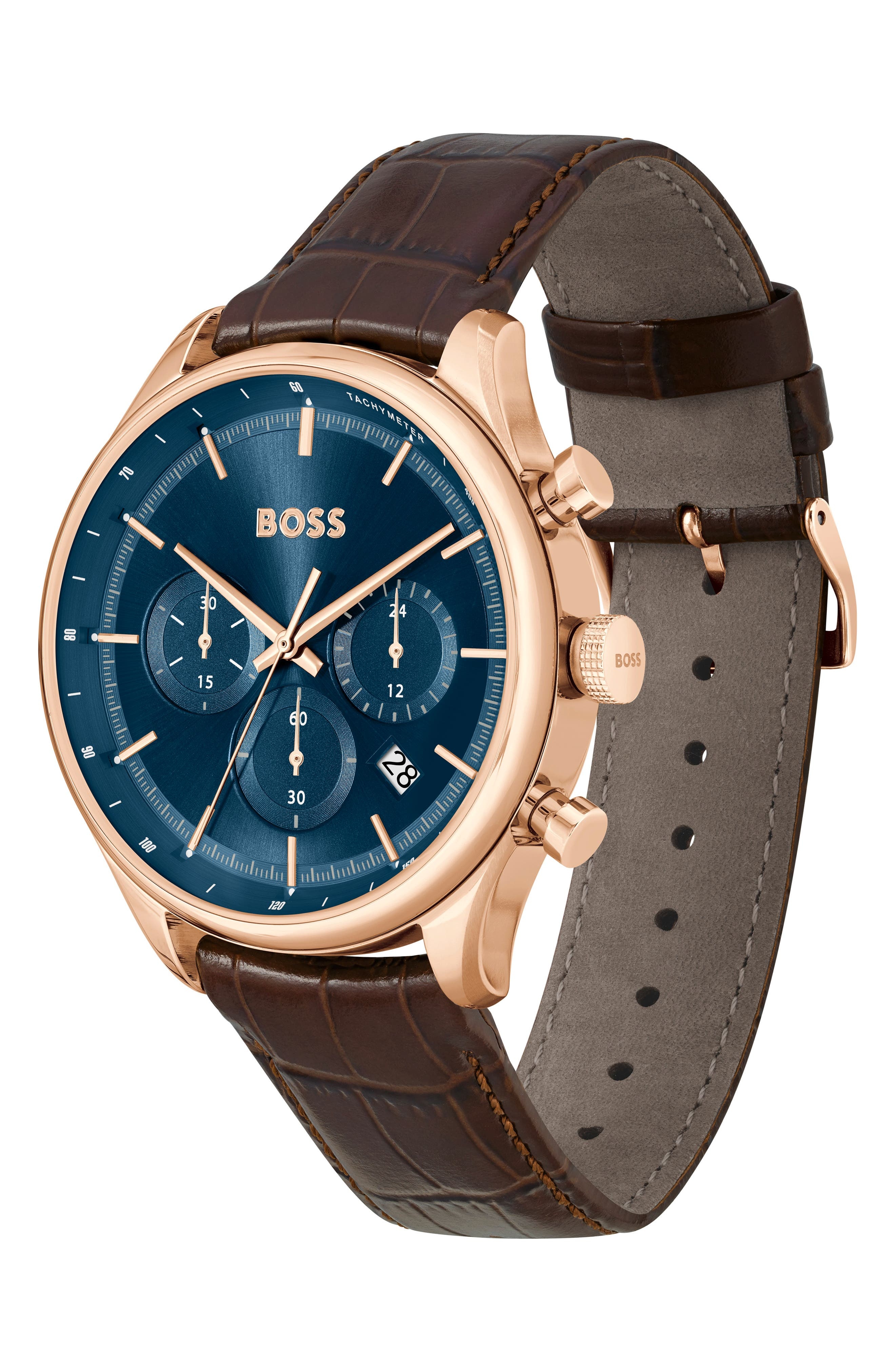 BOSS Gregor Chronograph Leather Strap Watch, 45mm in Blue Sunray at Nordstrom - 4