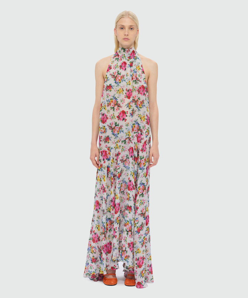 MSGM White long viscose georgette dress with floral print and pleated skirt outlook