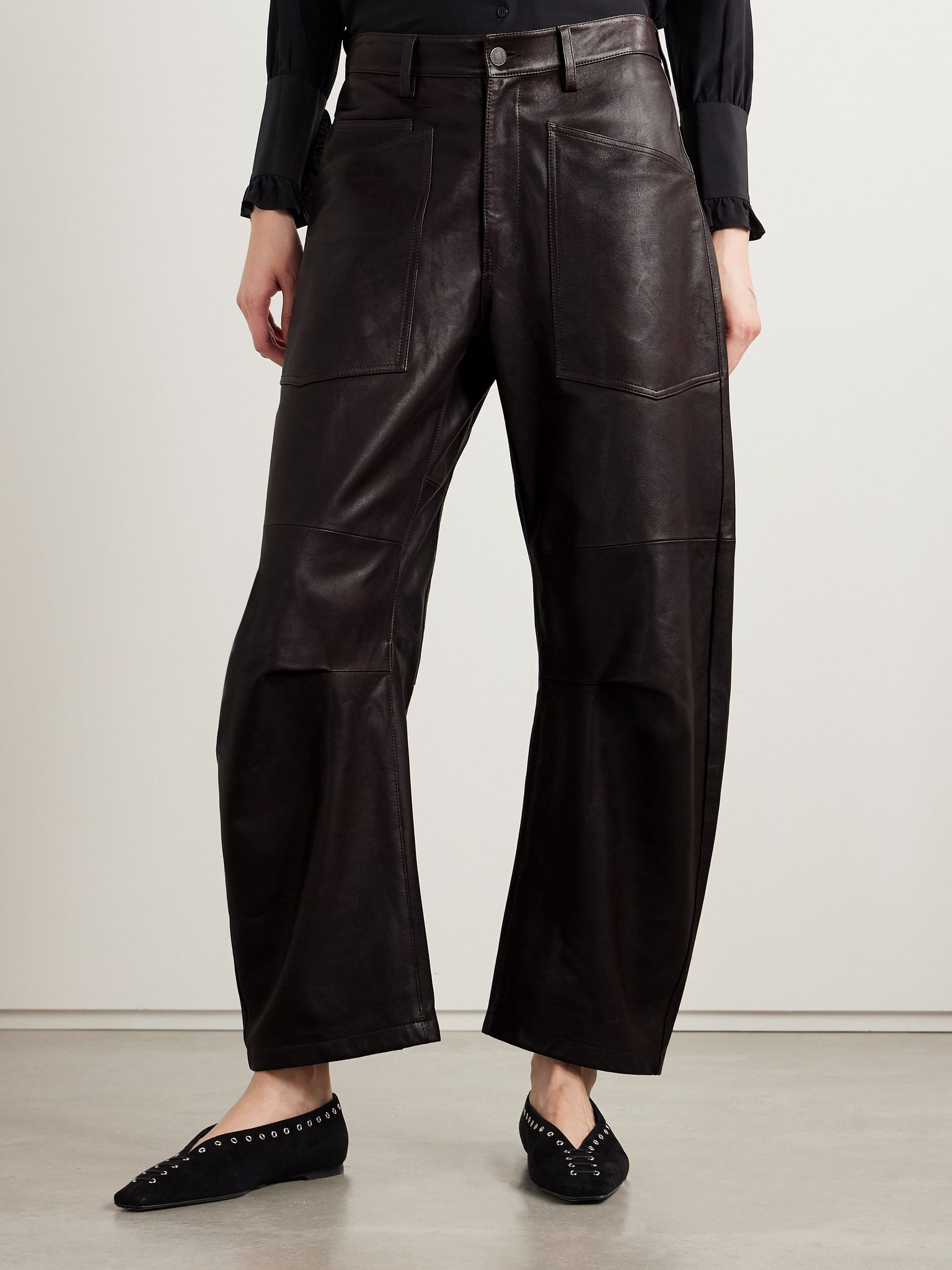 Shon leather barrel-leg pants Dark brown - 3