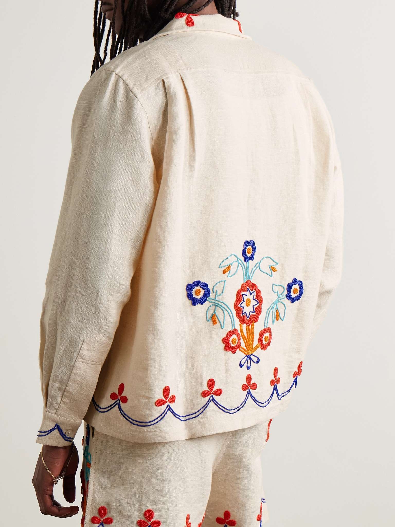 Garden Party Camp-Collar Bead-Embellished Linen Shirt - 3