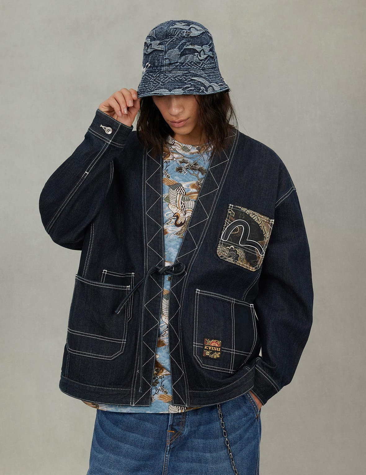 Multi-Pocket with Brocade Patch Relax Fit Denim Kimono - 9