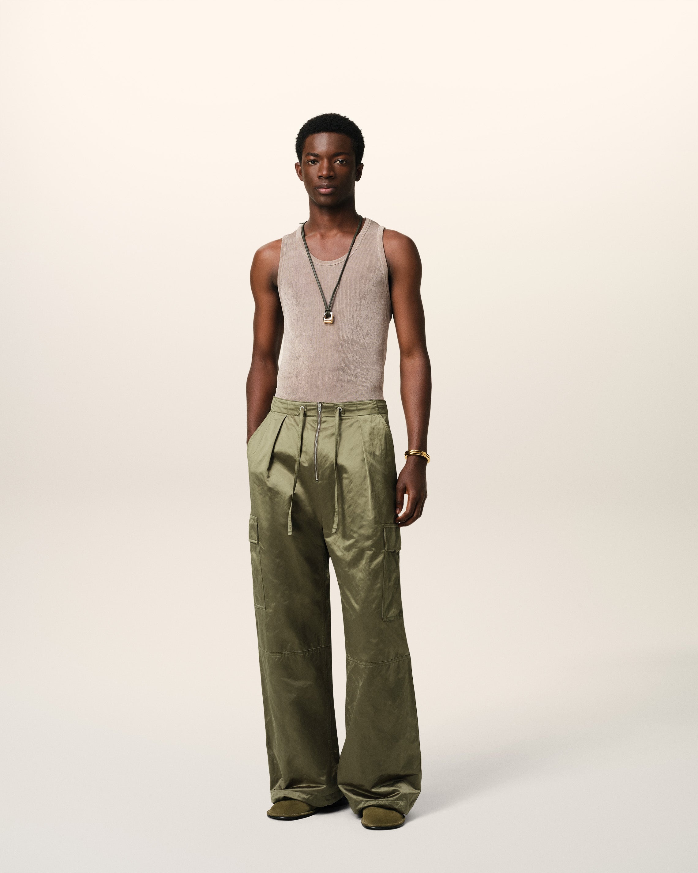 GREEN COTTON SATIN ZIPPED CARGO TROUSERS - 1