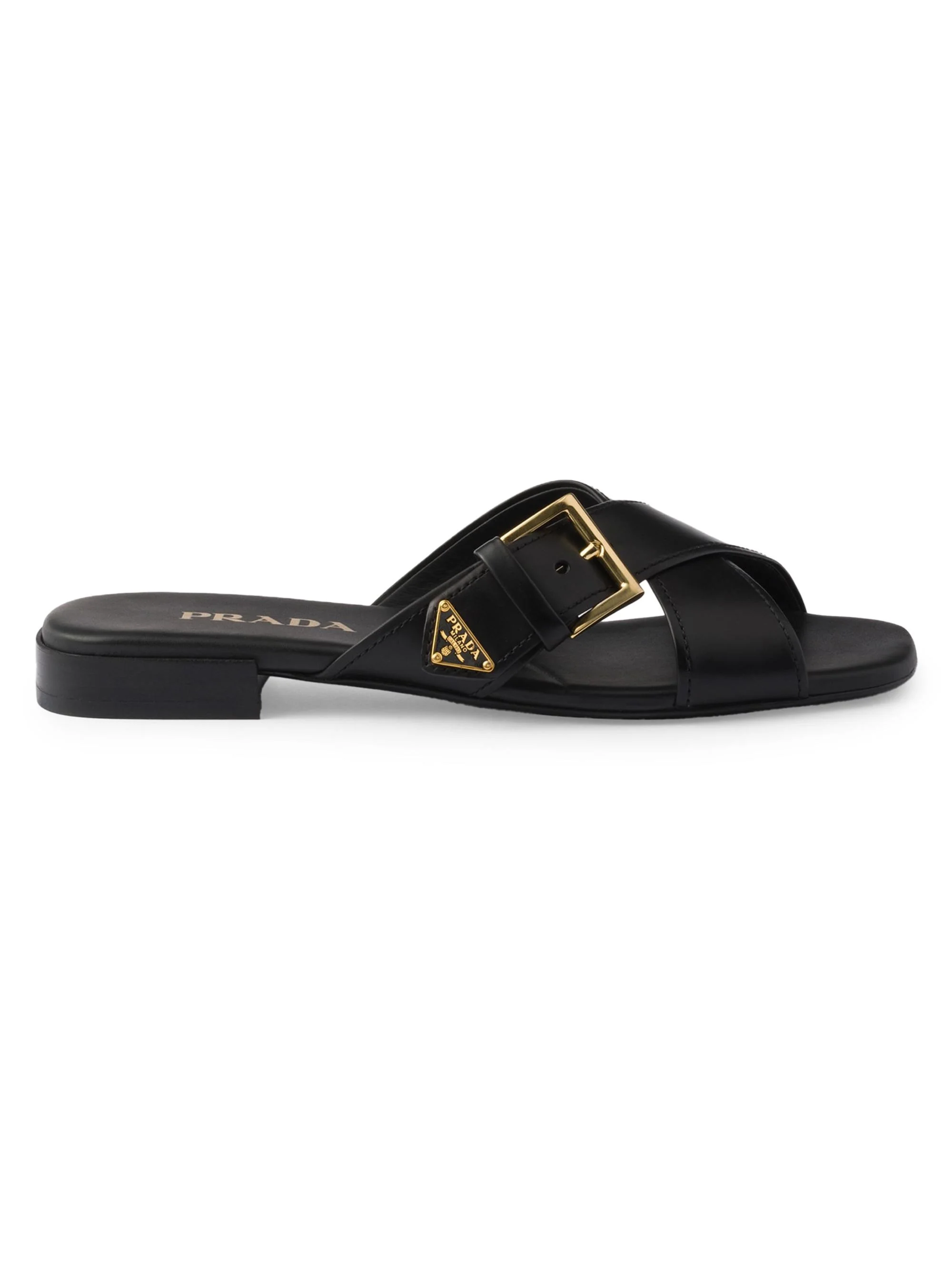Women's Leather Crisscross Slides with Buckle - Black - 1