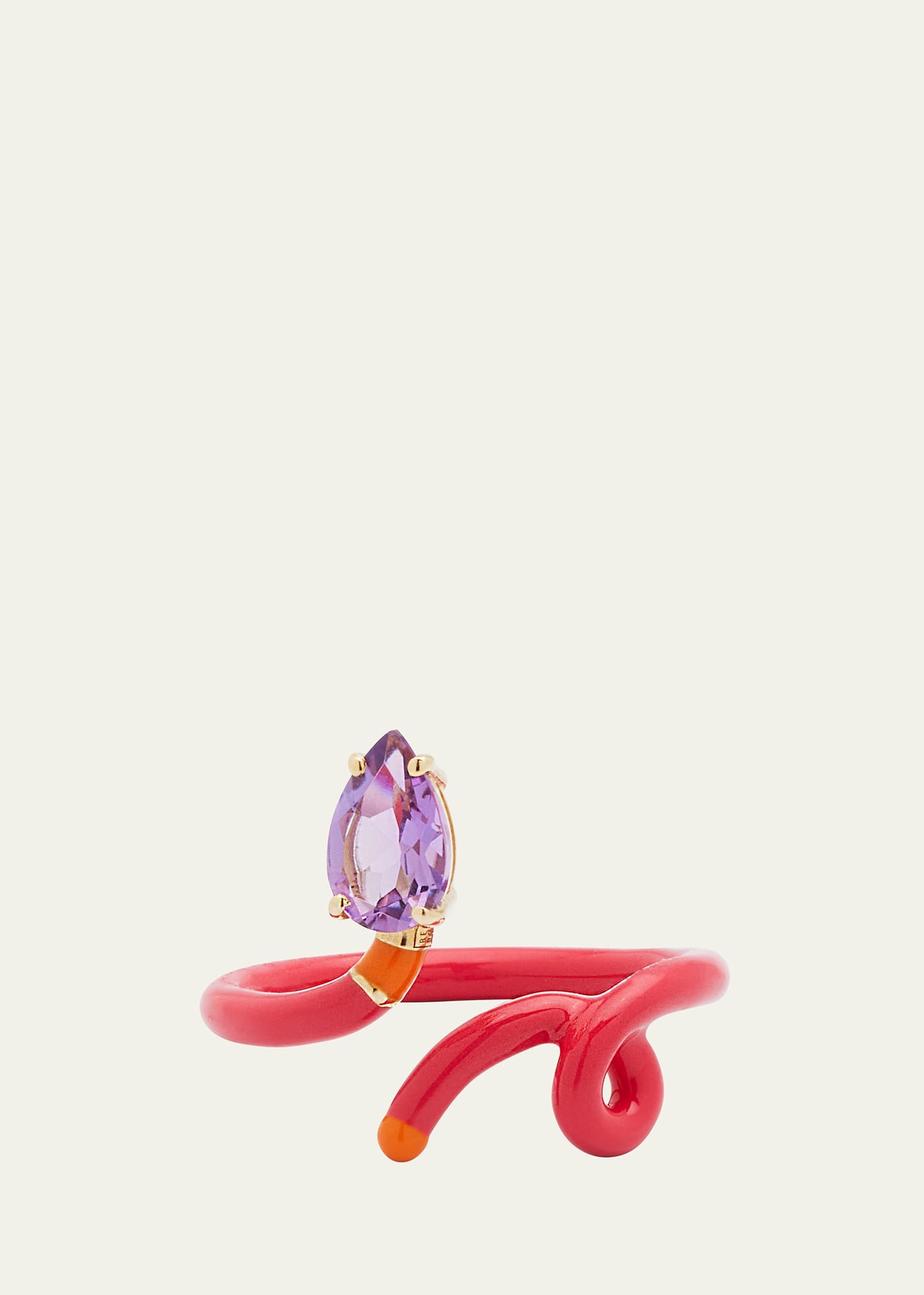 Baby Vine Ring with Drop-Cut Amethyst plus Raspberry and Orange Enamel - 1