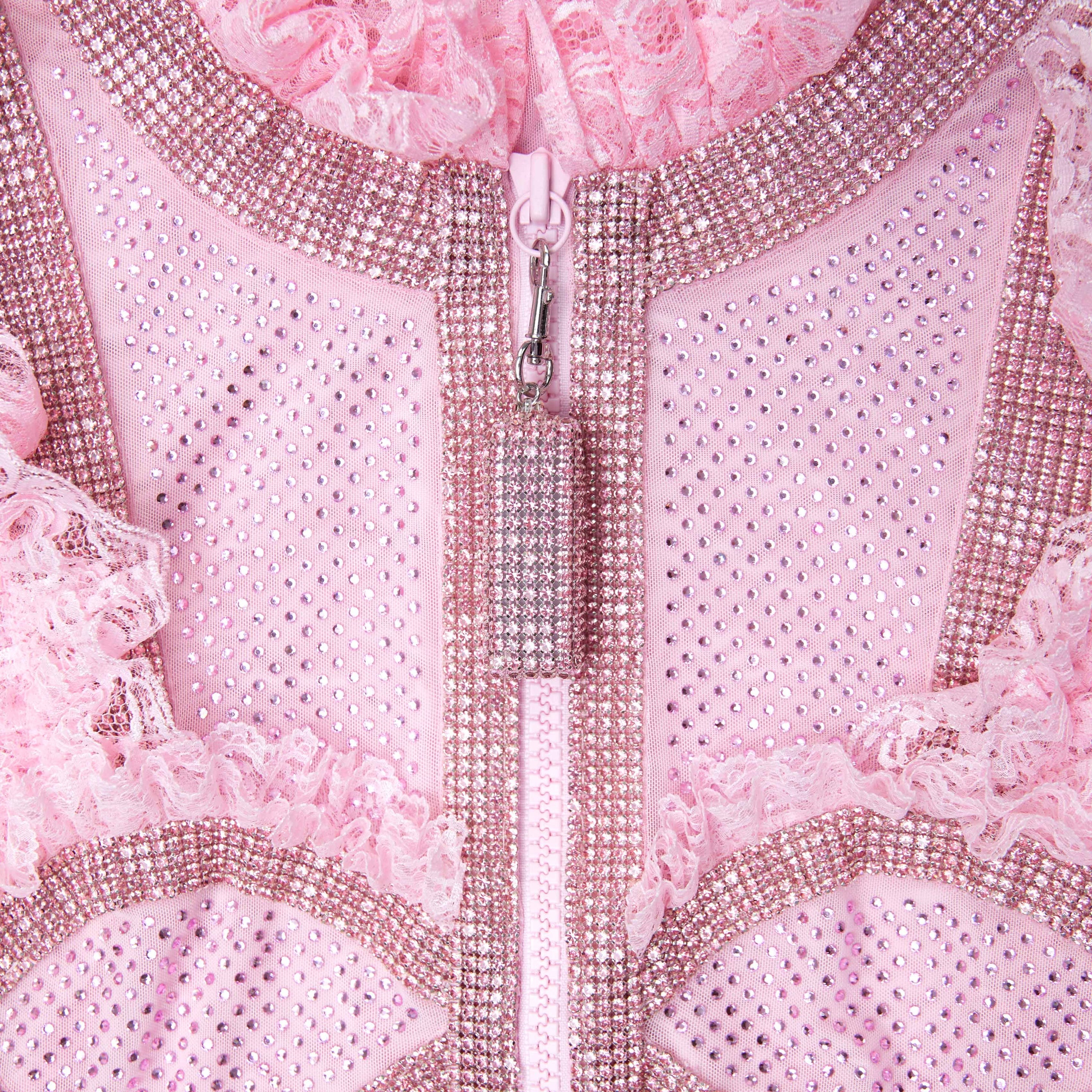 self-portrait Pink Rhinestone Mesh Ruffle Bodysuit | REVERSIBLE